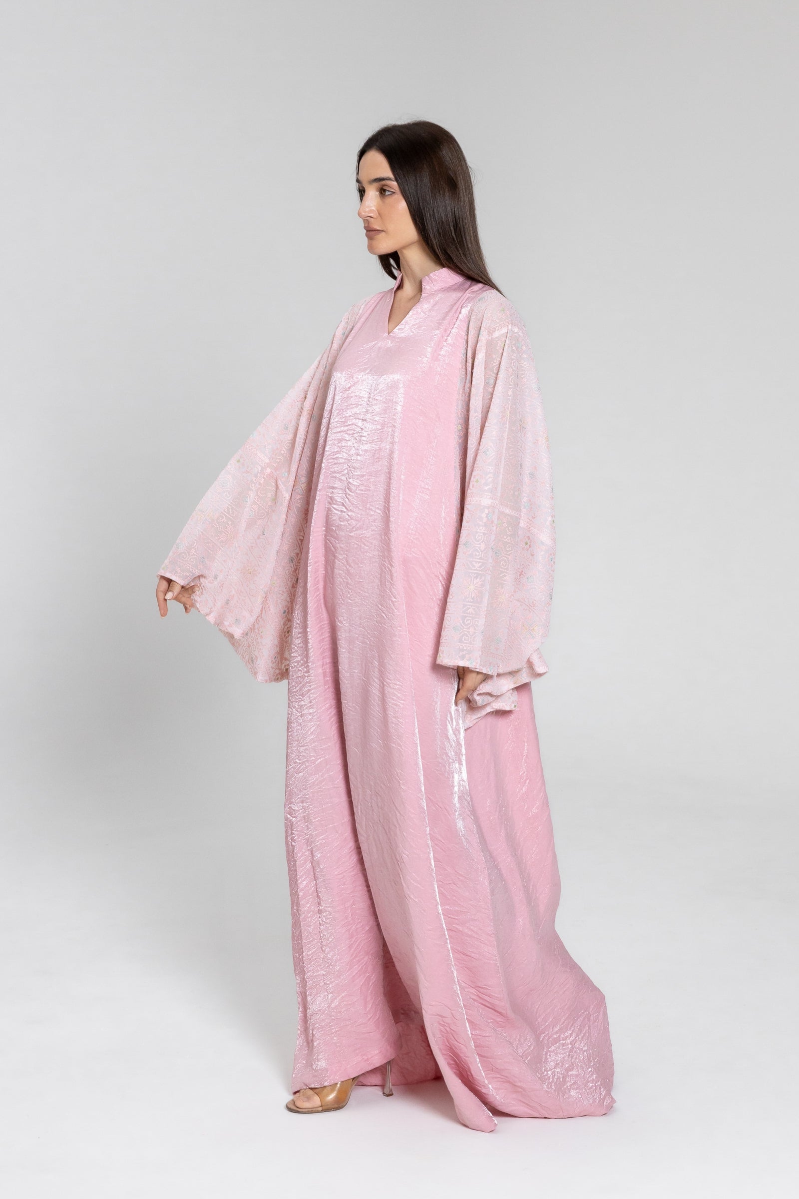 Light Pink Kaftan with Embroidered Sleeves