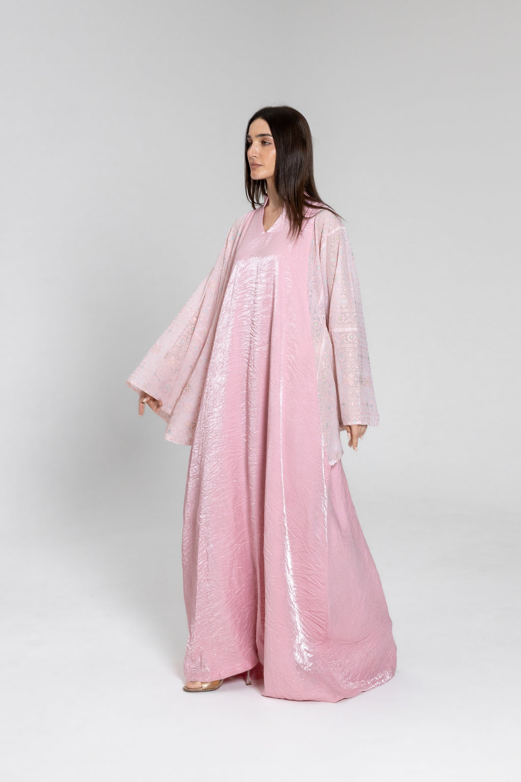 Light Pink Kaftan with Embroidered Sleeves