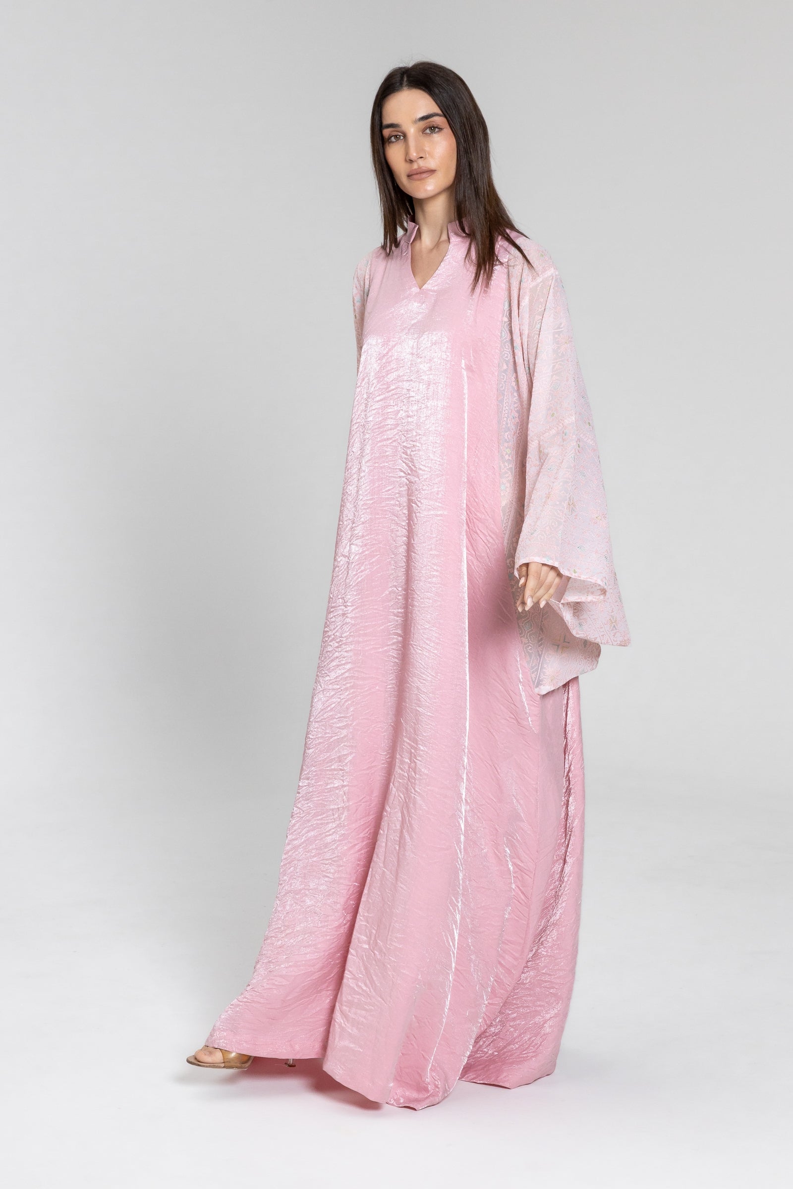 Light Pink Kaftan with Embroidered Sleeves
