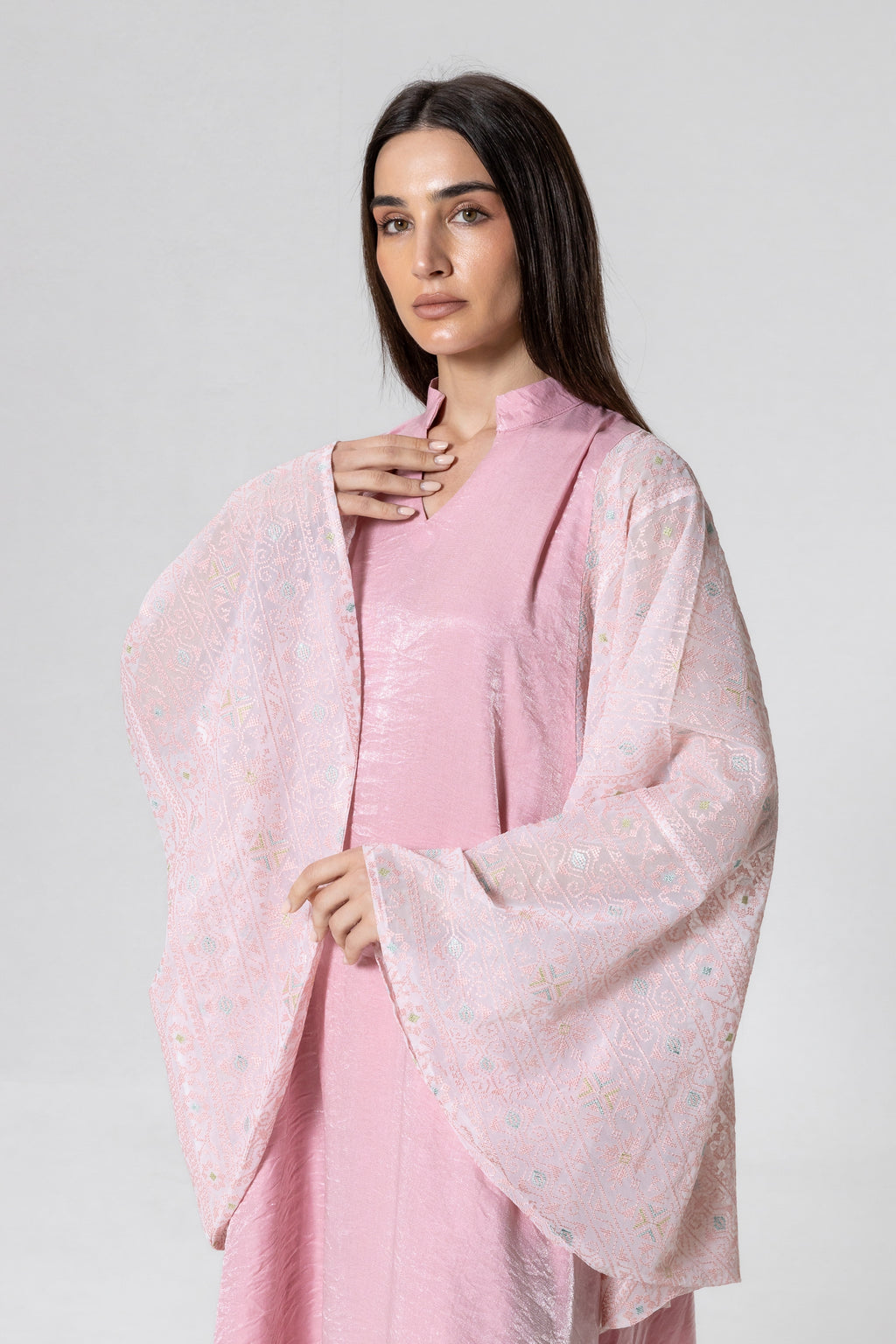 Light Pink Kaftan with Embroidered Sleeves