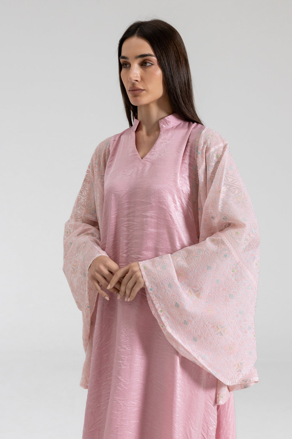 Light Pink Kaftan with Embroidered Sleeves