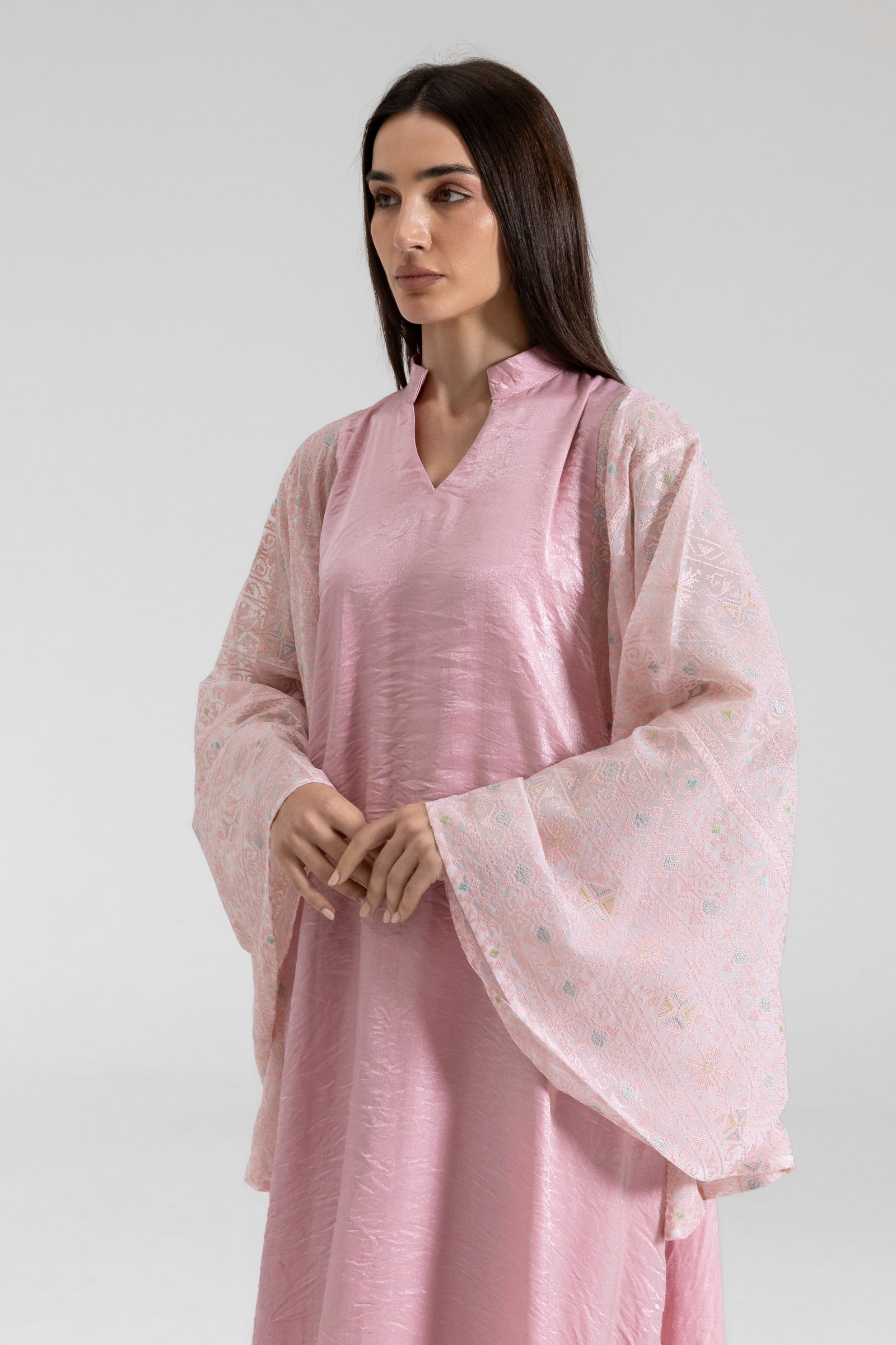 Light Pink Kaftan with Embroidered Sleeves