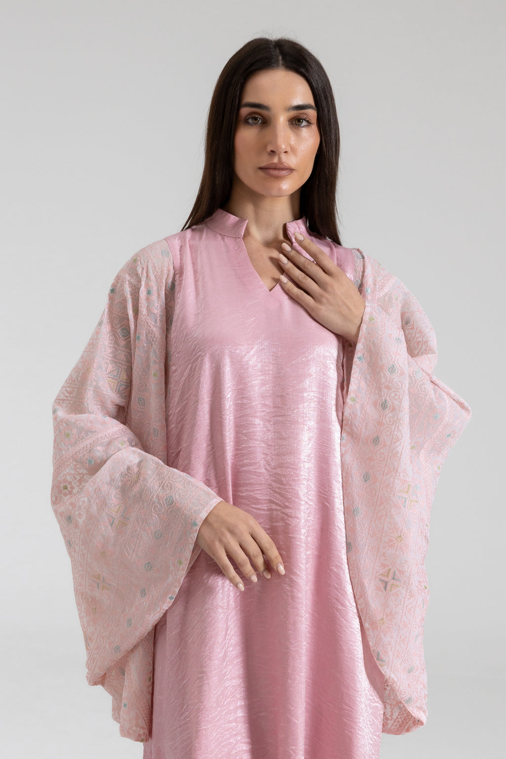 Light Pink Kaftan with Embroidered Sleeves