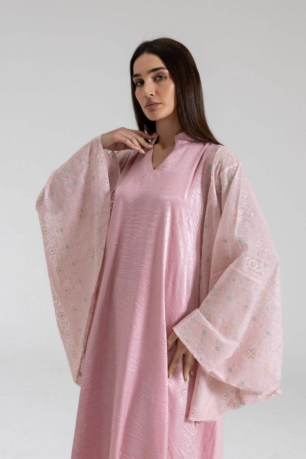 Light Pink Kaftan with Embroidered Sleeves