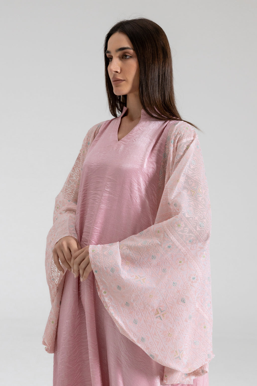 Light Pink Kaftan with Embroidered Sleeves