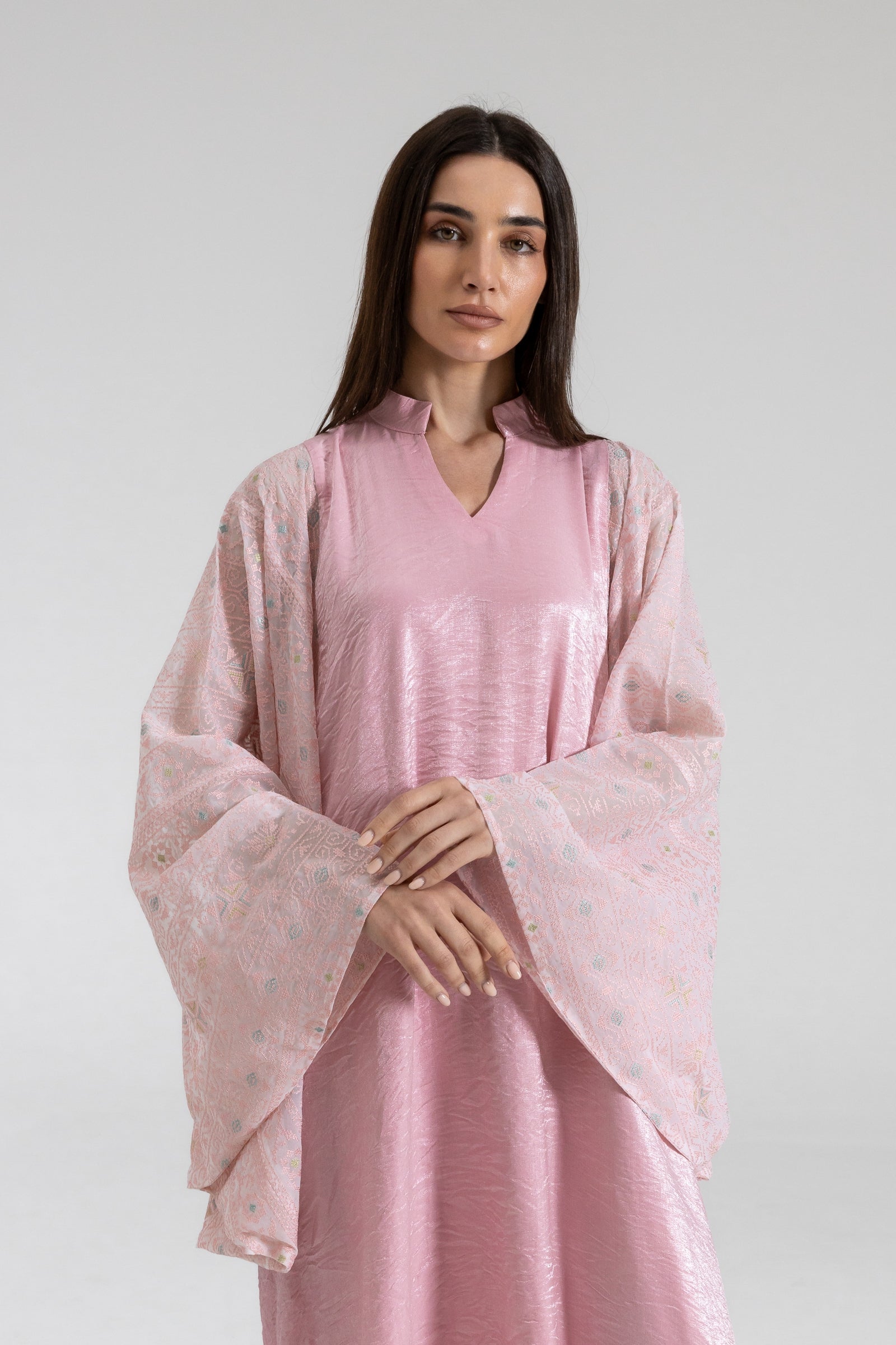 Light Pink Kaftan with Embroidered Sleeves