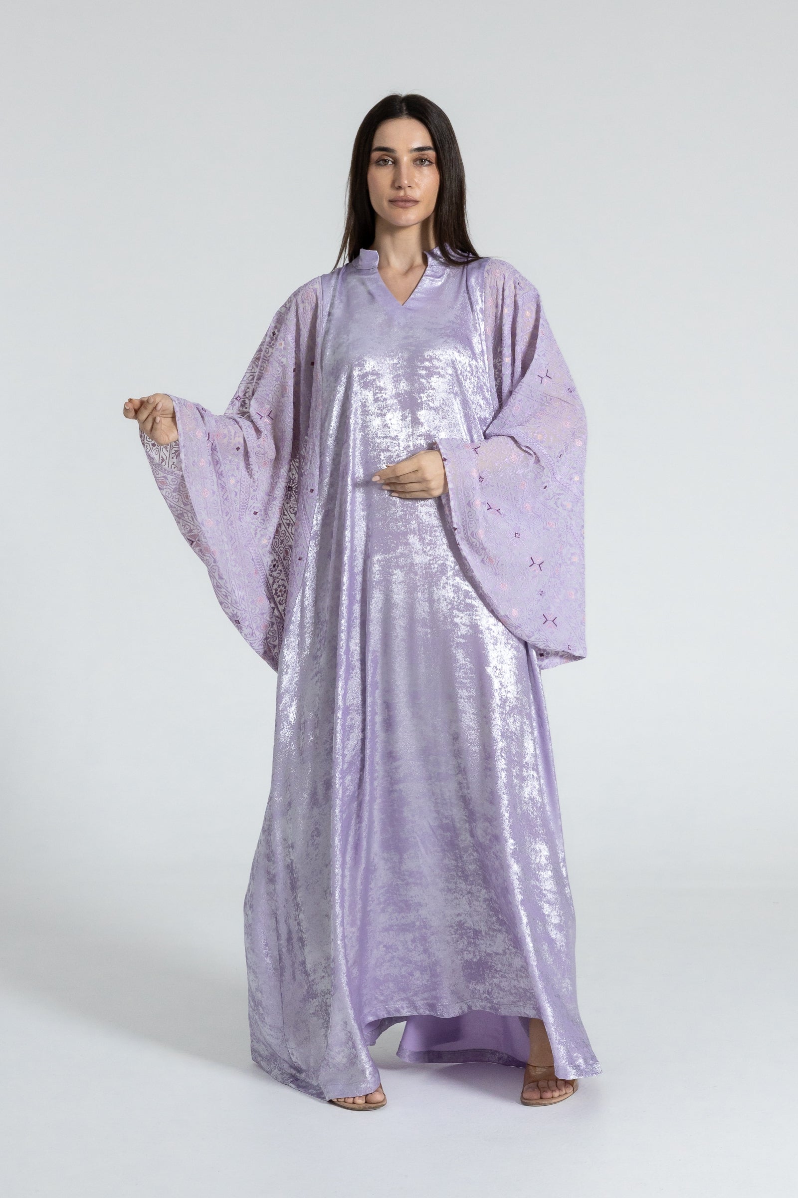 Shimmery Lilac Dress with Embellished Sleeves