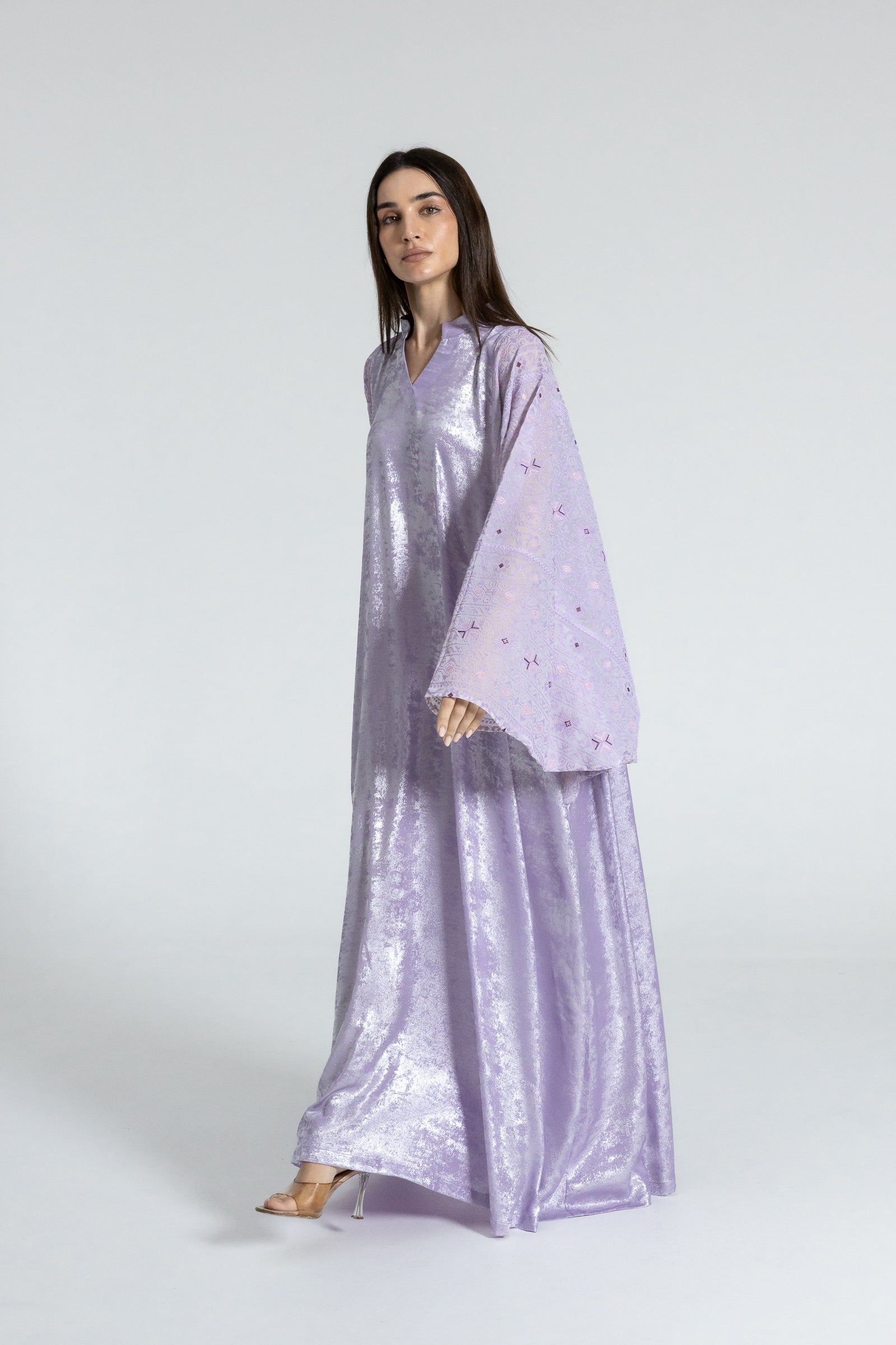Shimmery Lilac Dress with Embellished Sleeves