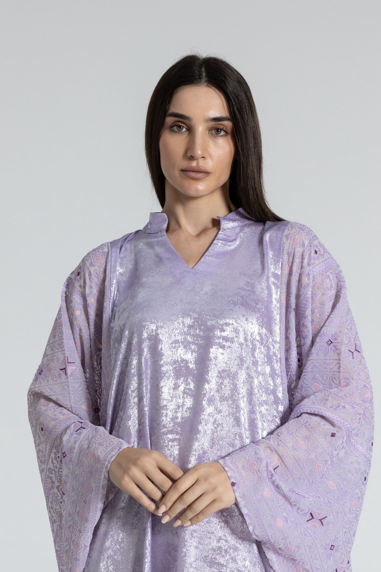 Shimmery Lilac Dress with Embellished Sleeves
