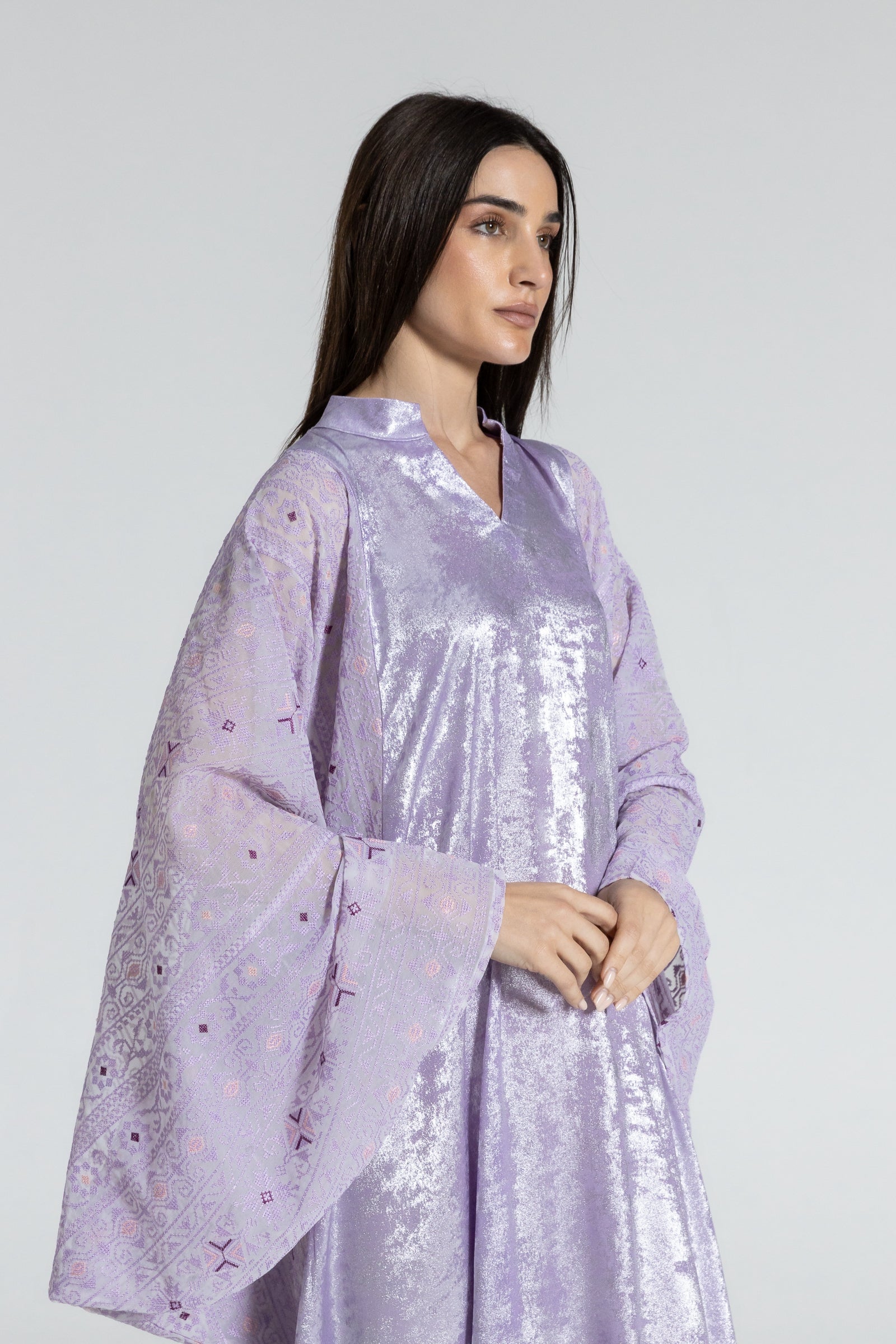 Shimmery Lilac Dress with Embellished Sleeves