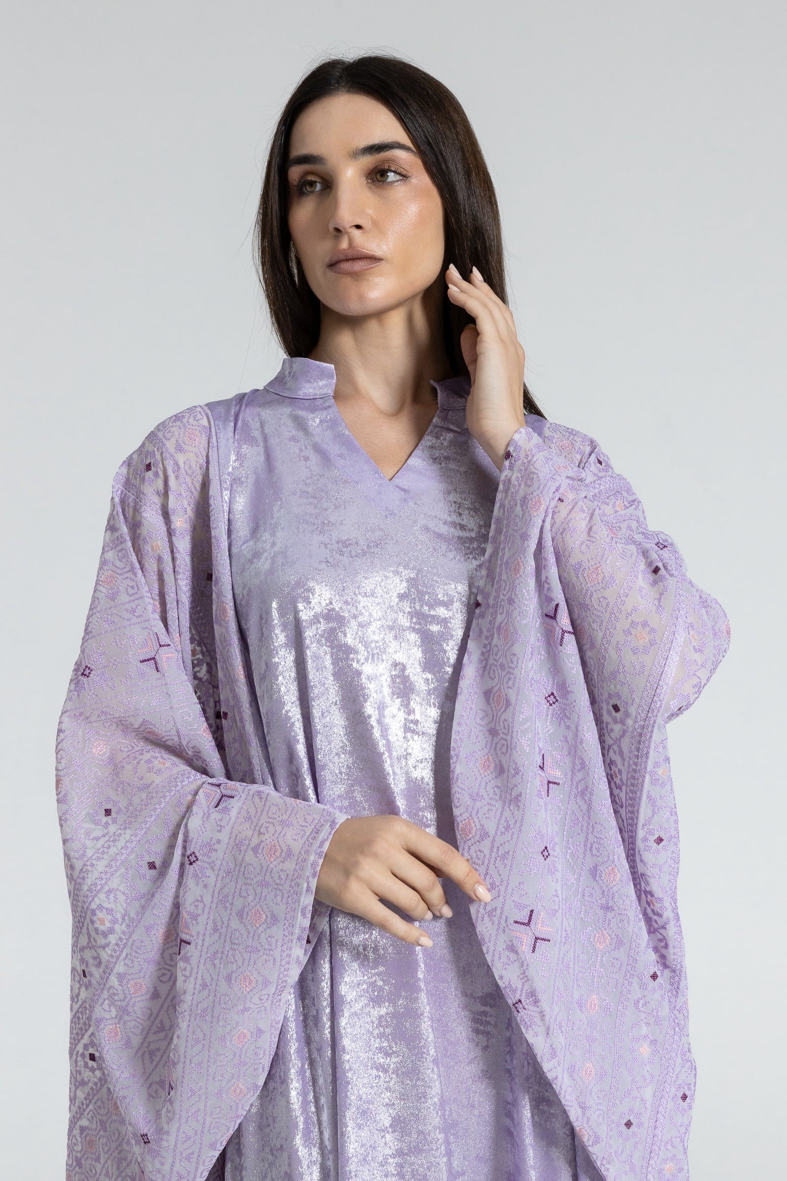 Shimmery Lilac Dress with Embellished Sleeves