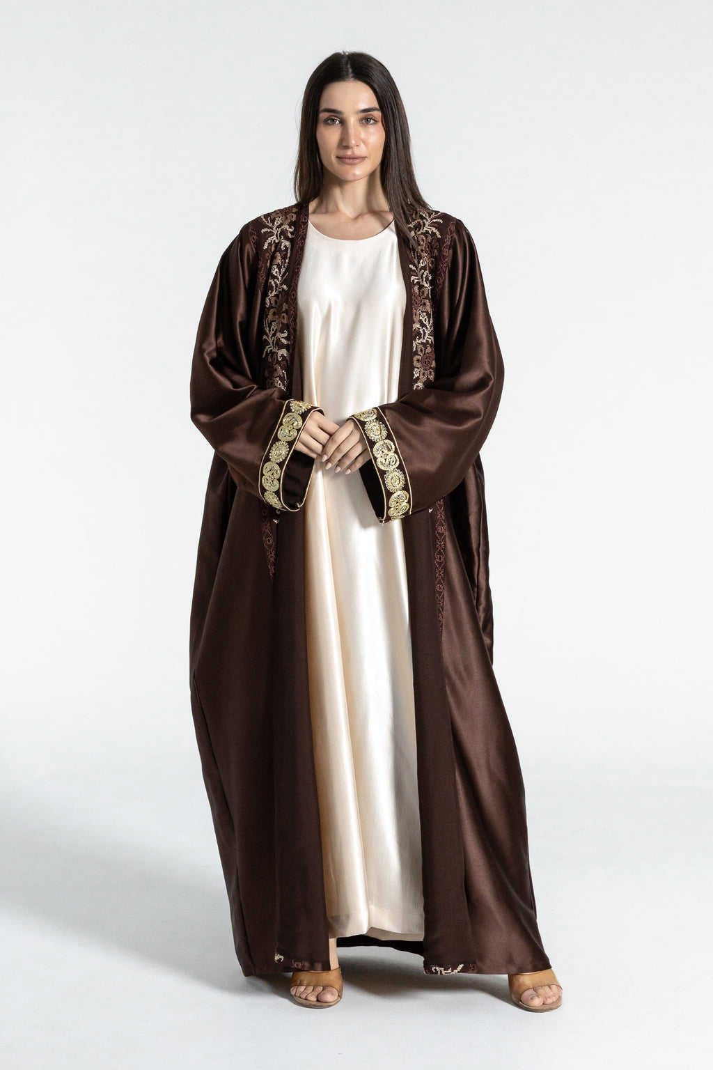Brown Satin Abaya With Embroidery