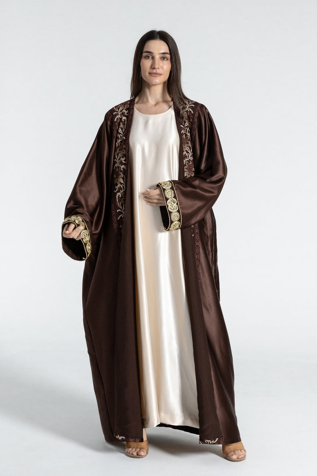 Brown Satin Abaya With Embroidery