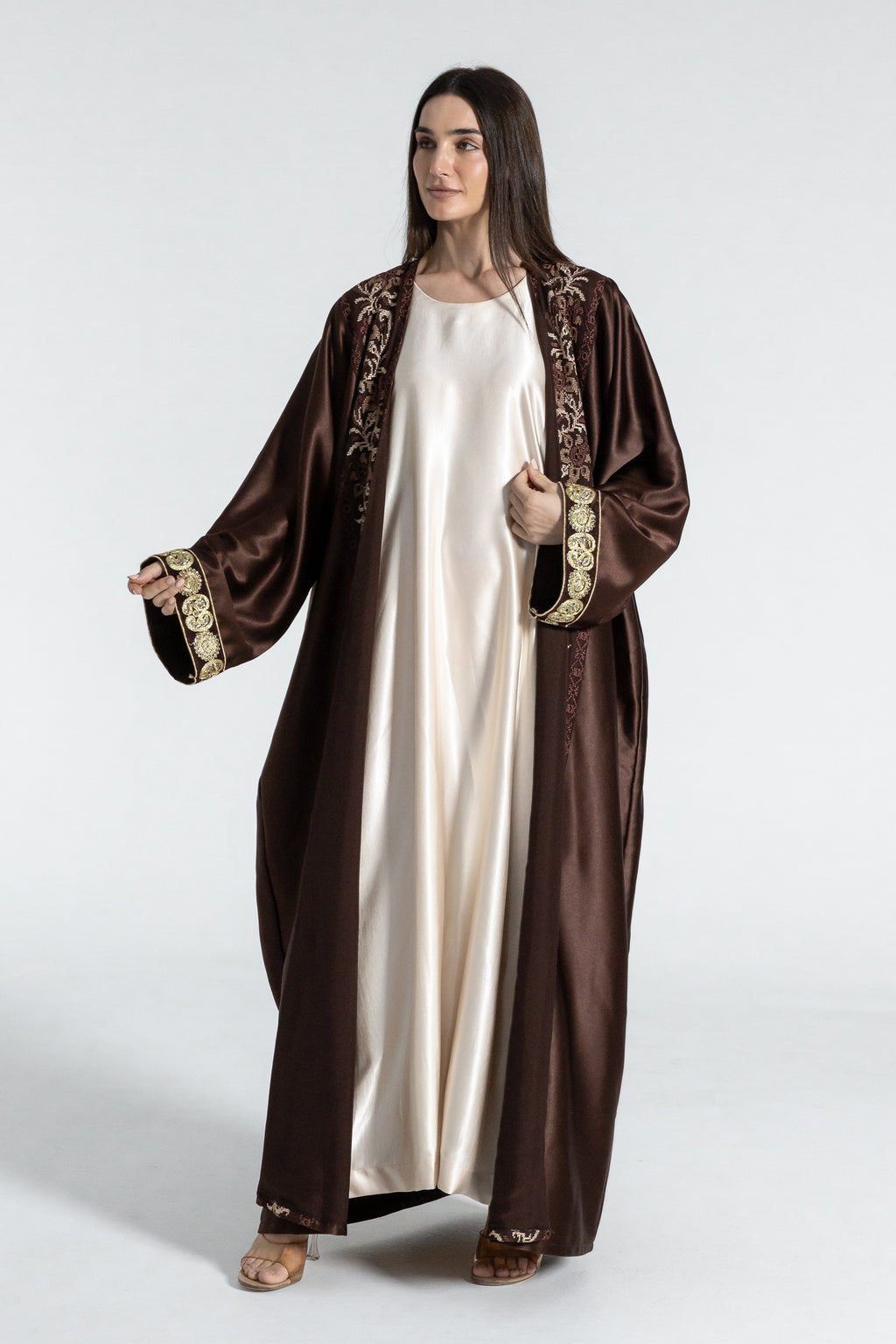 Brown Satin Abaya With Embroidery