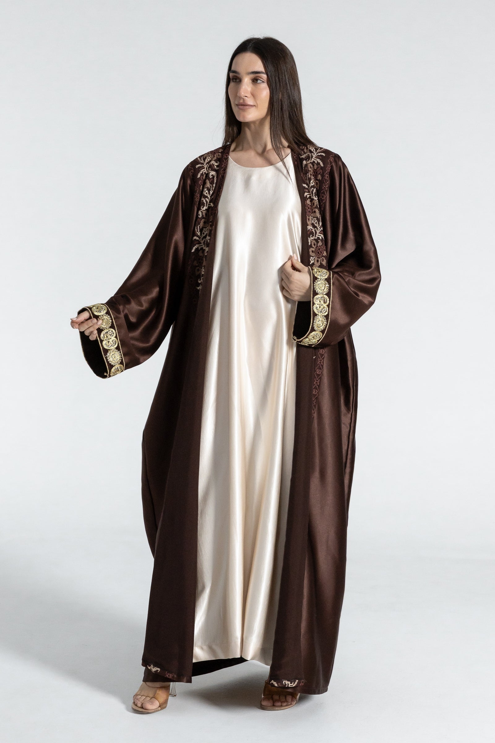 Brown Satin Abaya With Embroidery