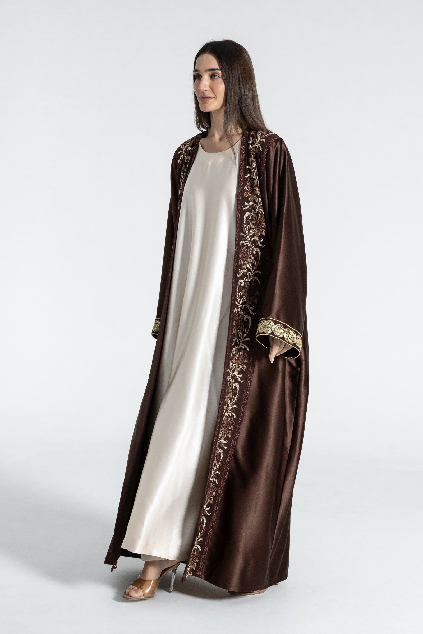 Brown Satin Abaya With Embroidery