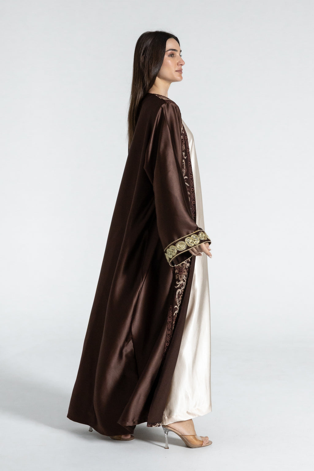 Brown Satin Abaya With Embroidery