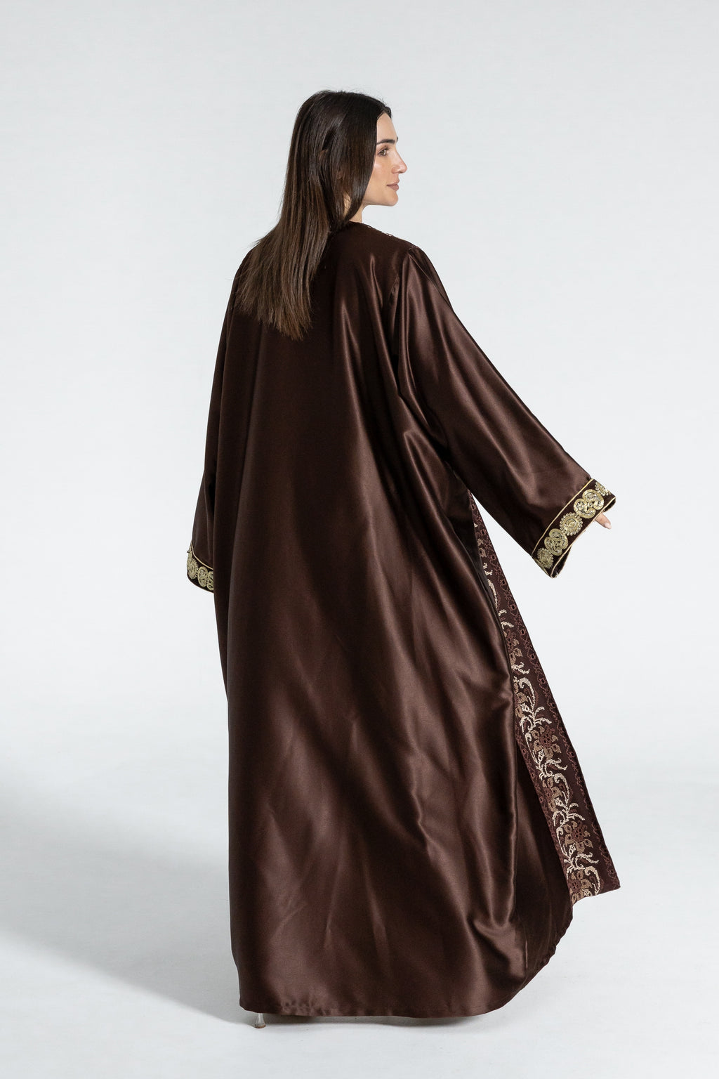 Brown Satin Abaya With Embroidery