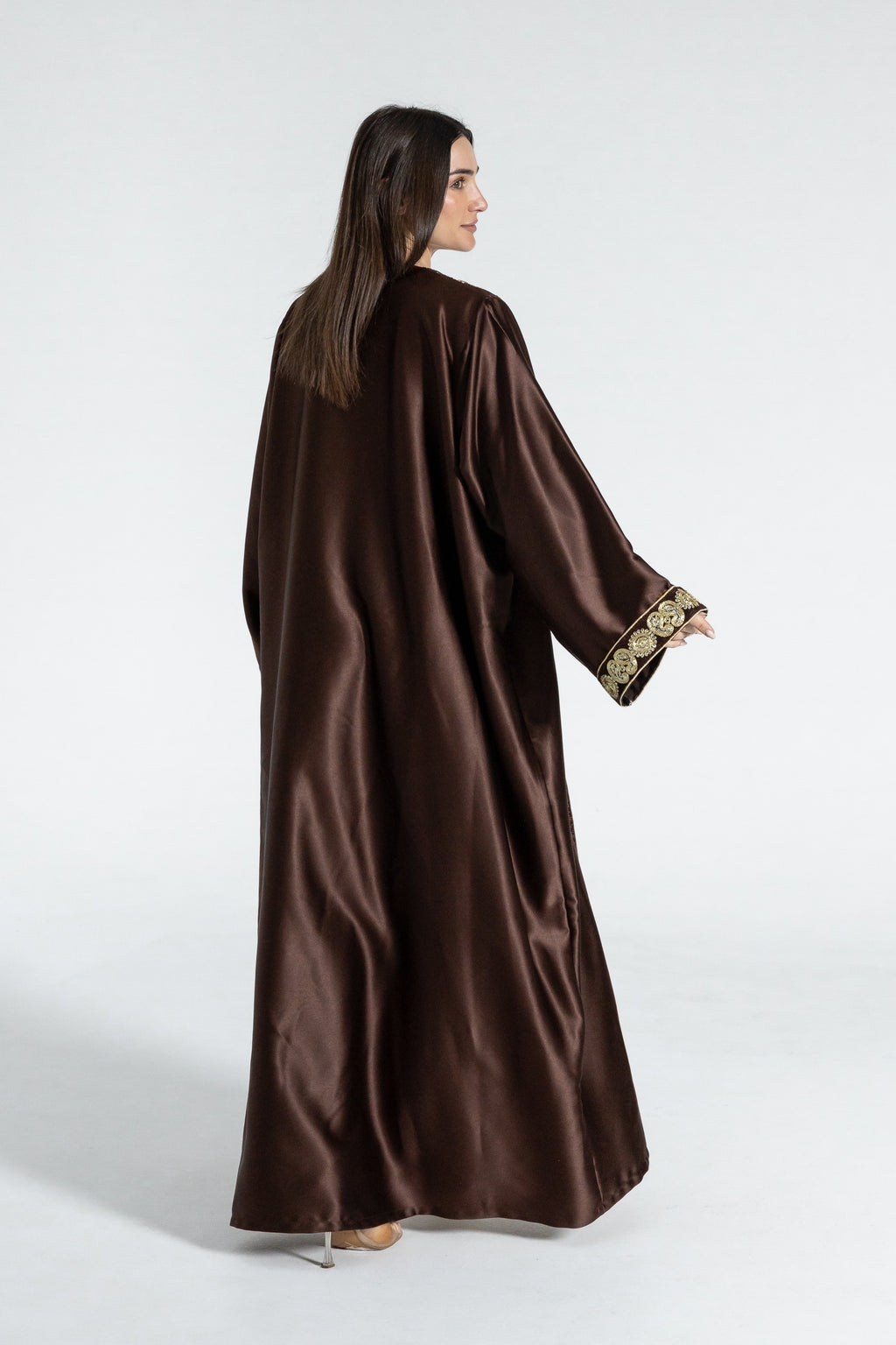 Brown Satin Abaya With Embroidery