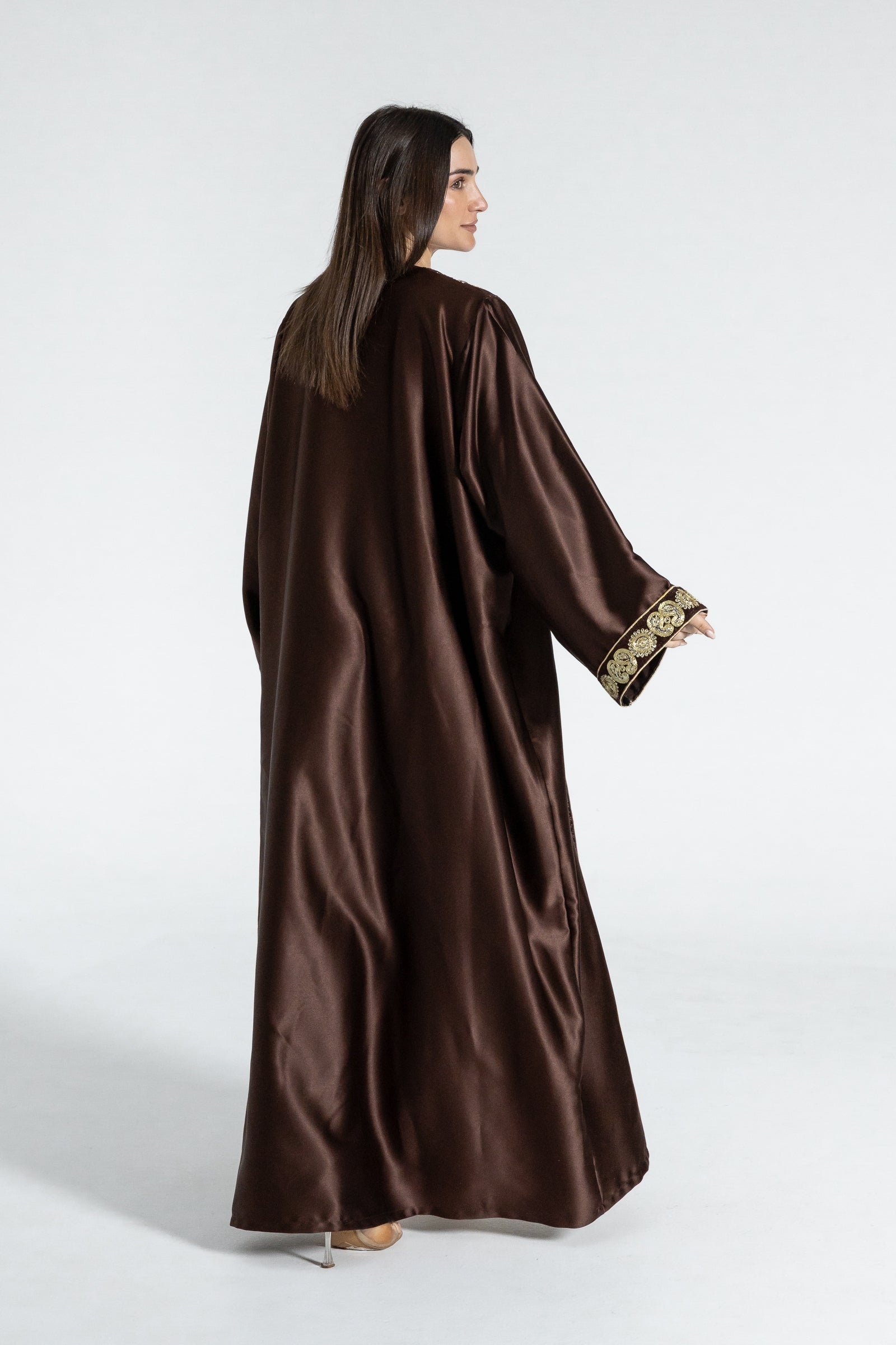 Brown Satin Abaya With Embroidery