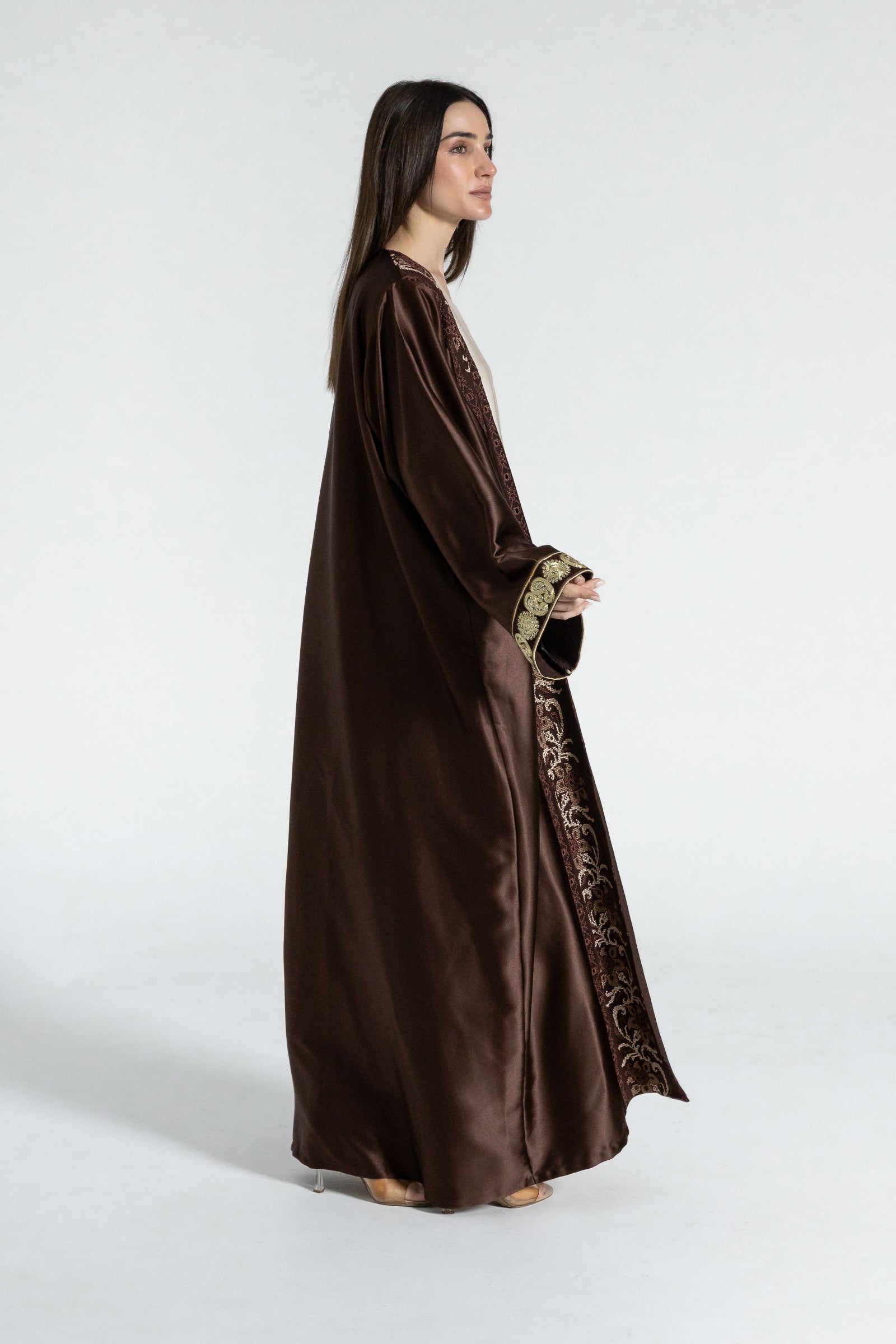 Brown Satin Abaya With Embroidery