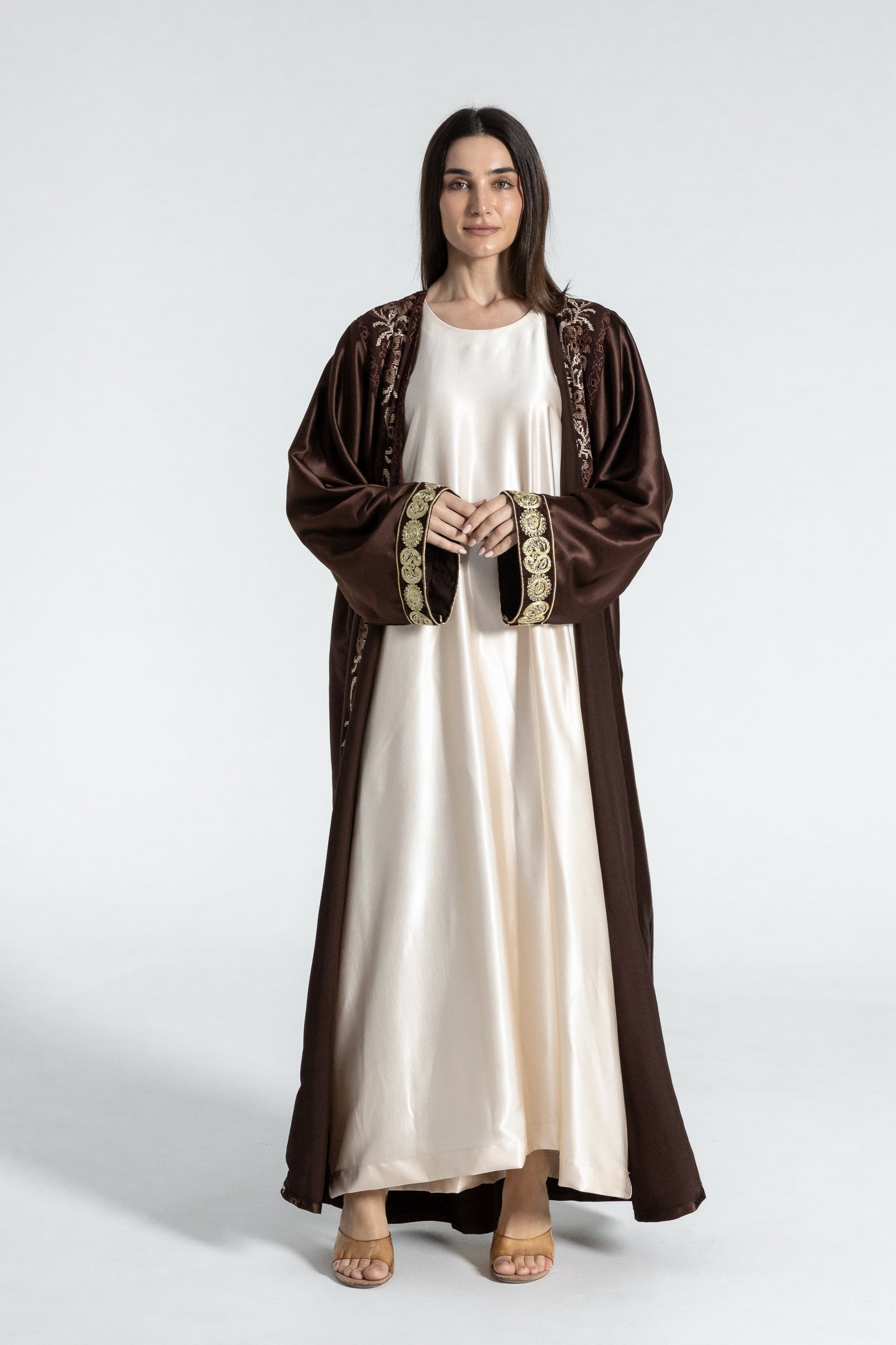 Brown Satin Abaya With Embroidery
