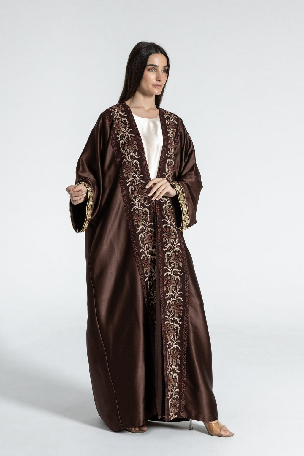 Brown Satin Abaya With Embroidery