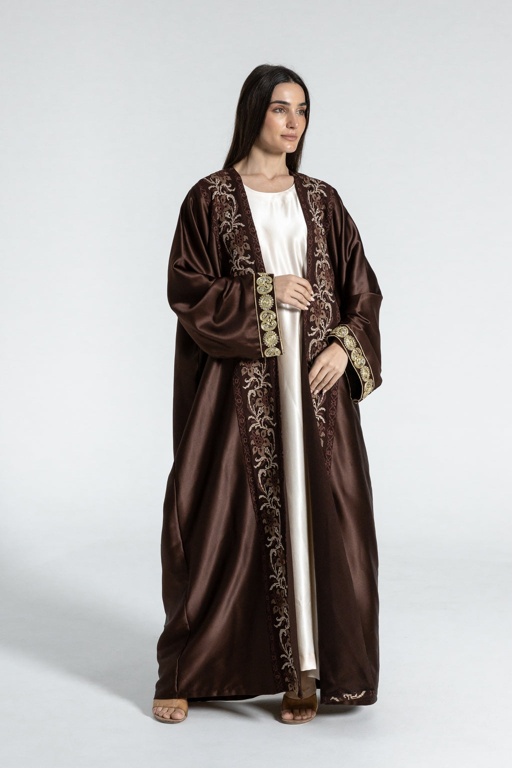 Brown Satin Abaya With Embroidery
