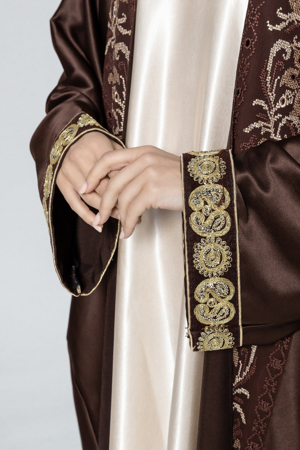 Brown Satin Abaya With Embroidery