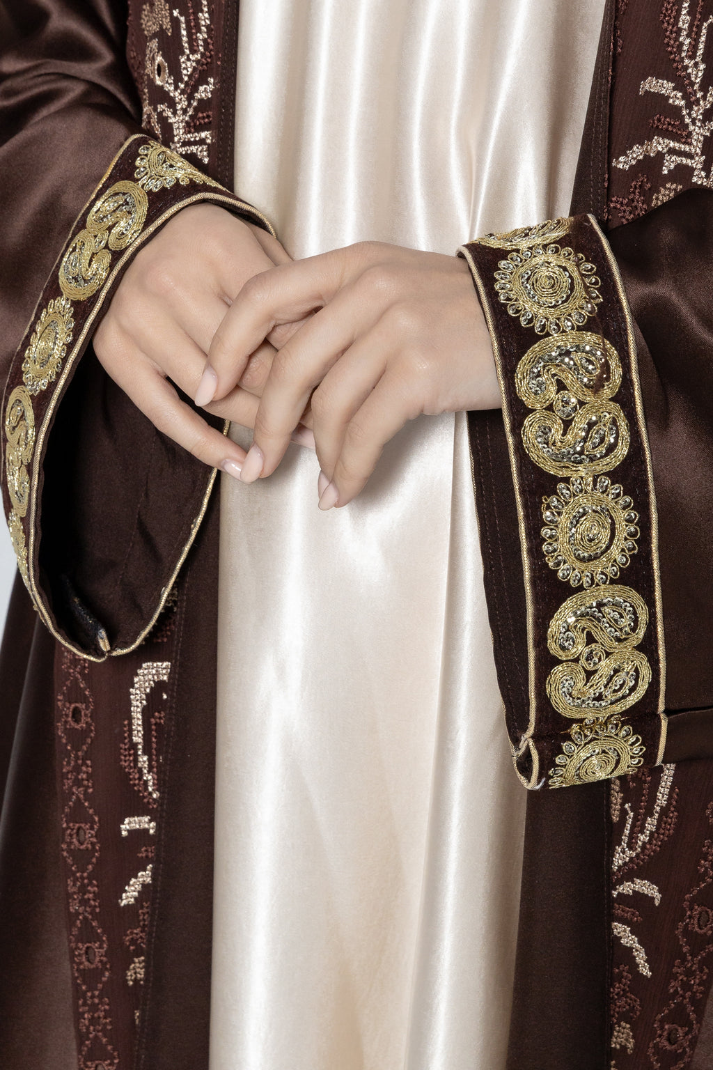 Brown Satin Abaya With Embroidery