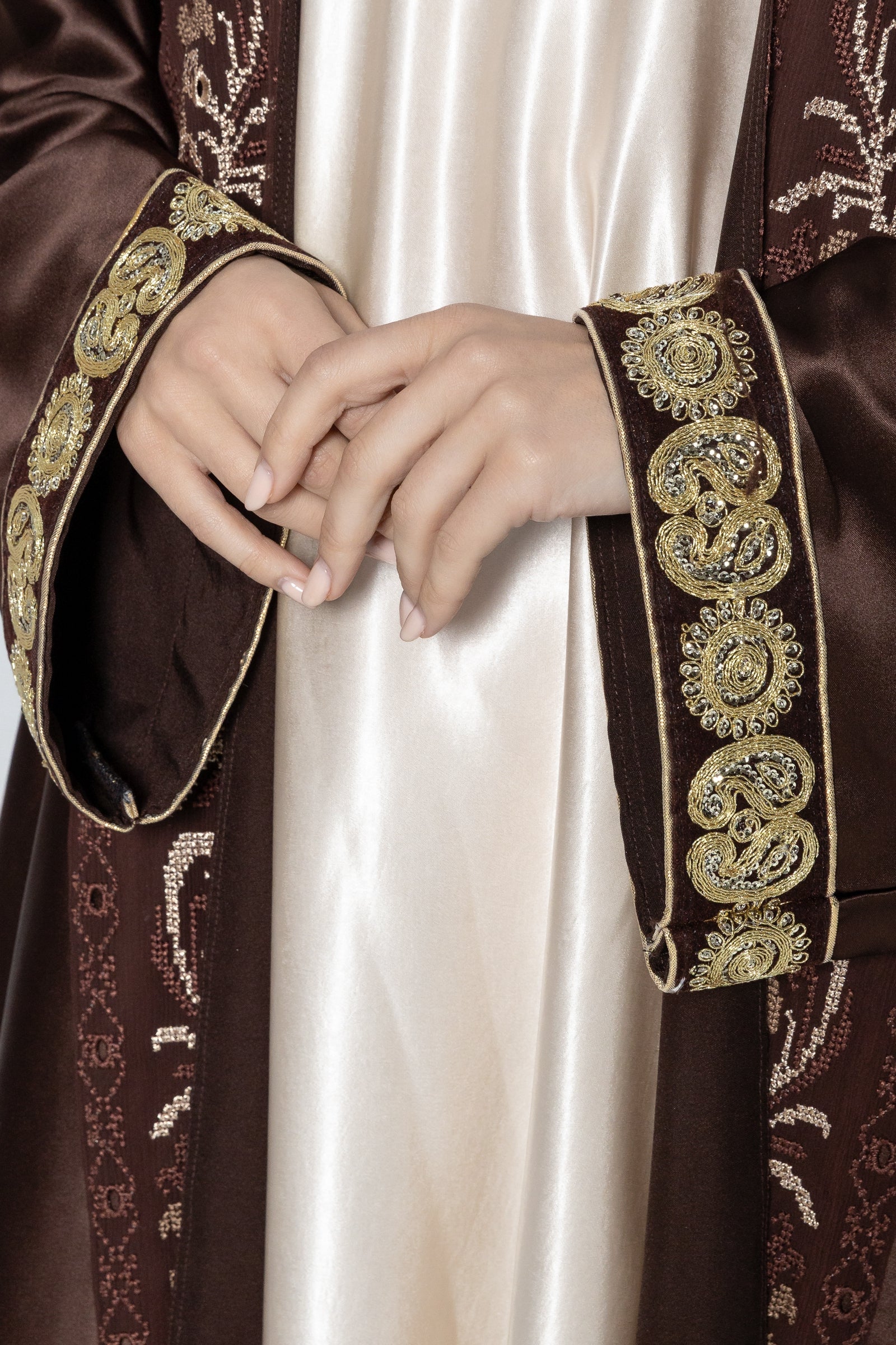 Brown Satin Abaya With Embroidery