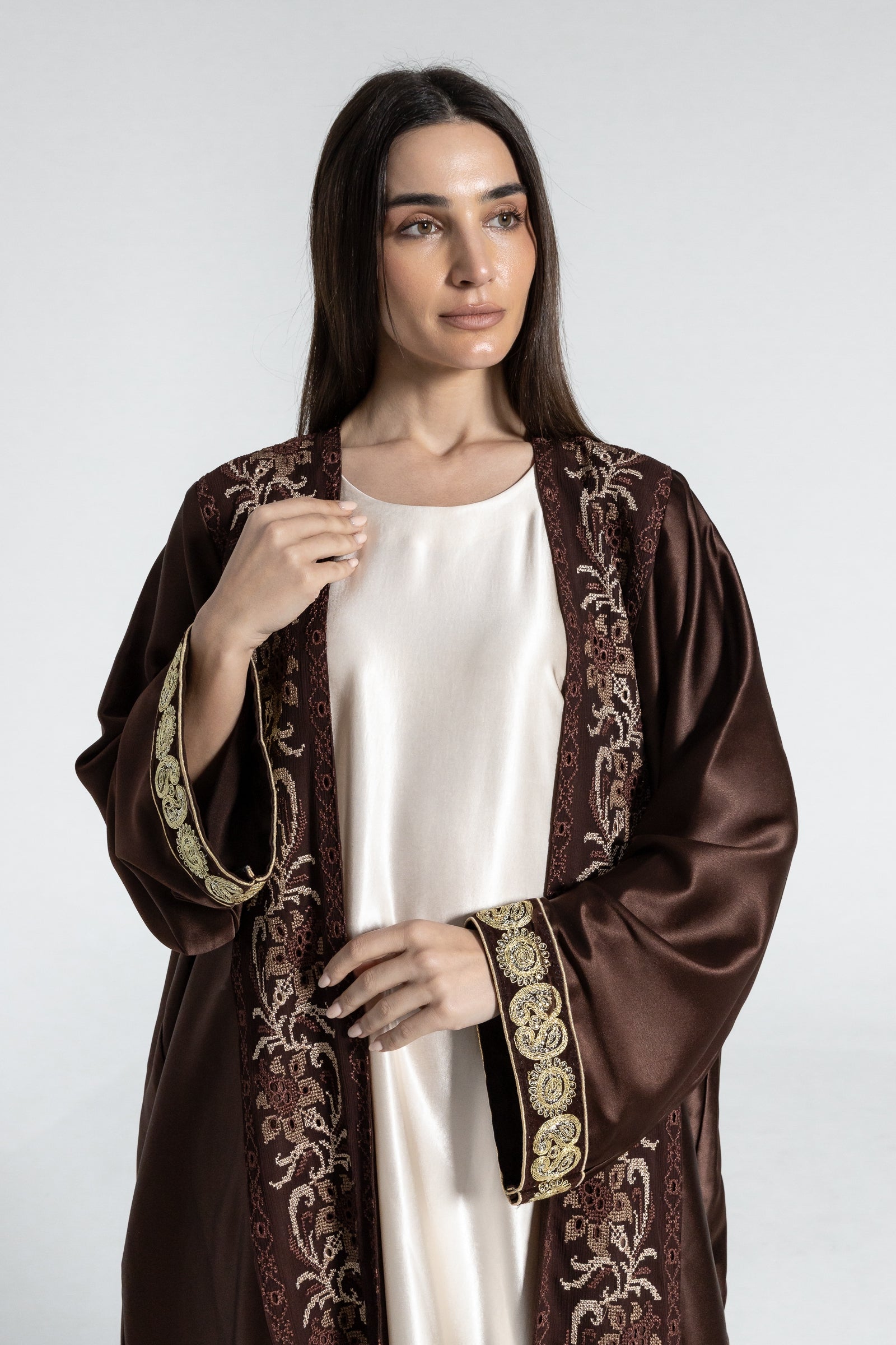 Brown Satin Abaya With Embroidery