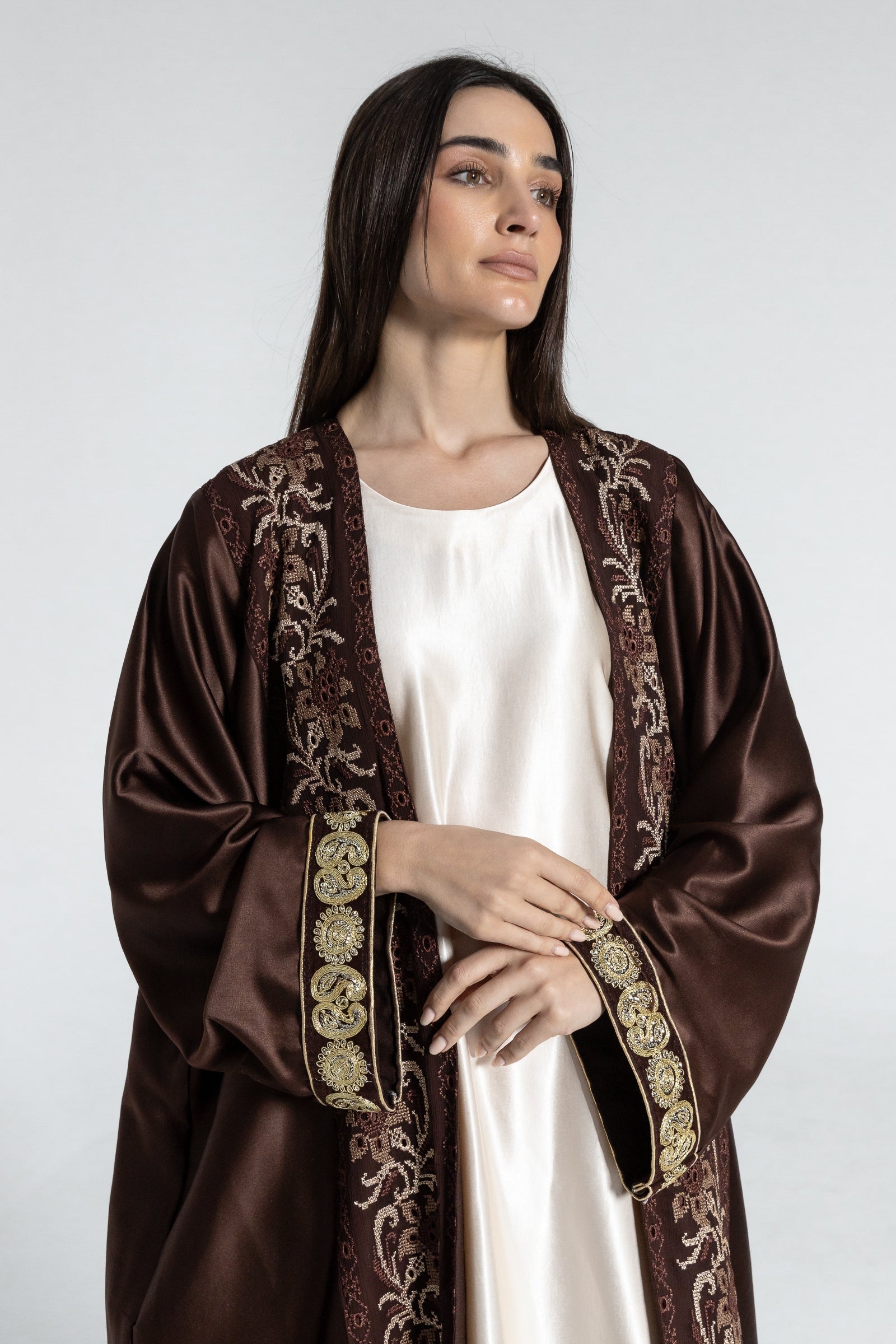 Brown Satin Abaya With Embroidery