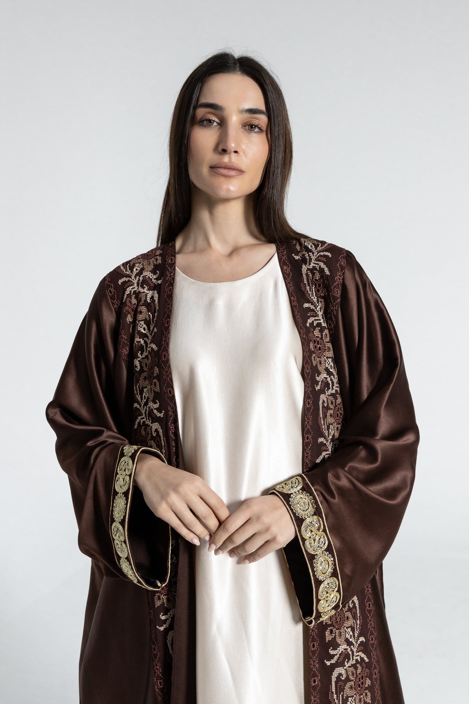 Brown Satin Abaya With Embroidery