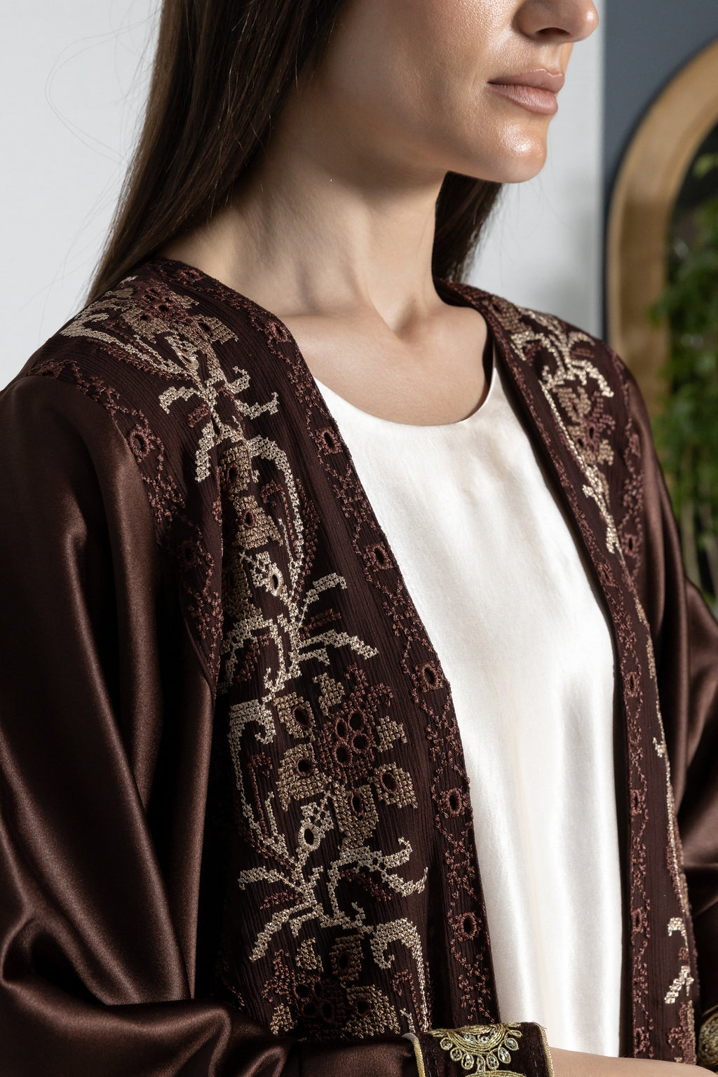 Brown Satin Abaya With Embroidery
