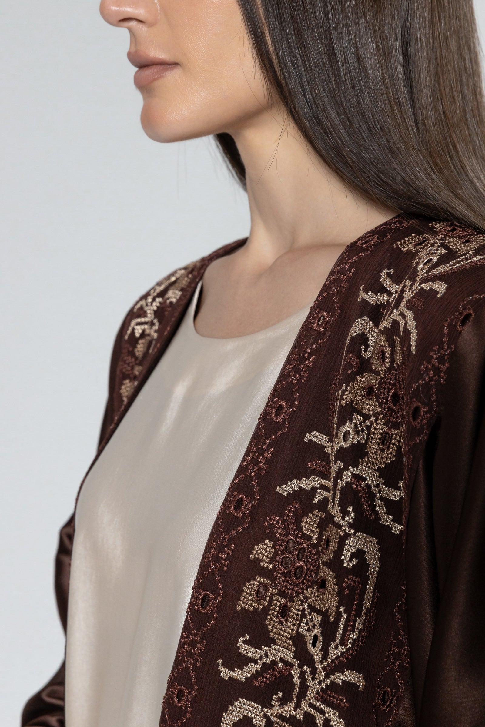 Brown Satin Abaya With Embroidery