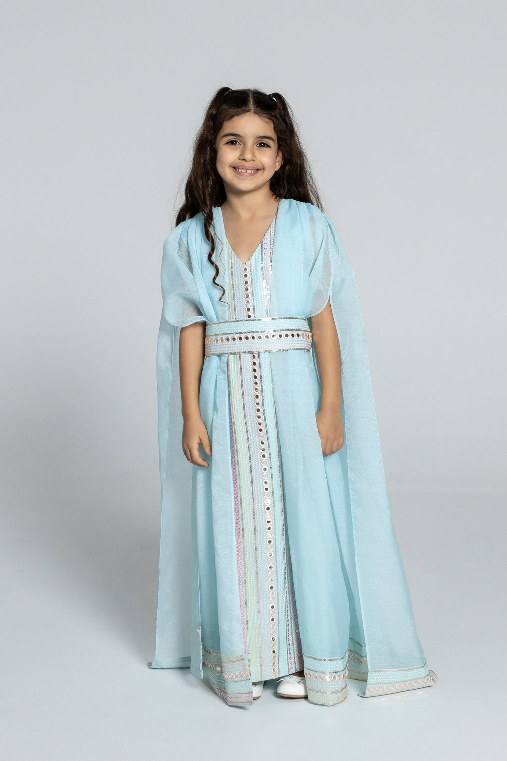 Kids Blue Embroidered Cape Kaftan