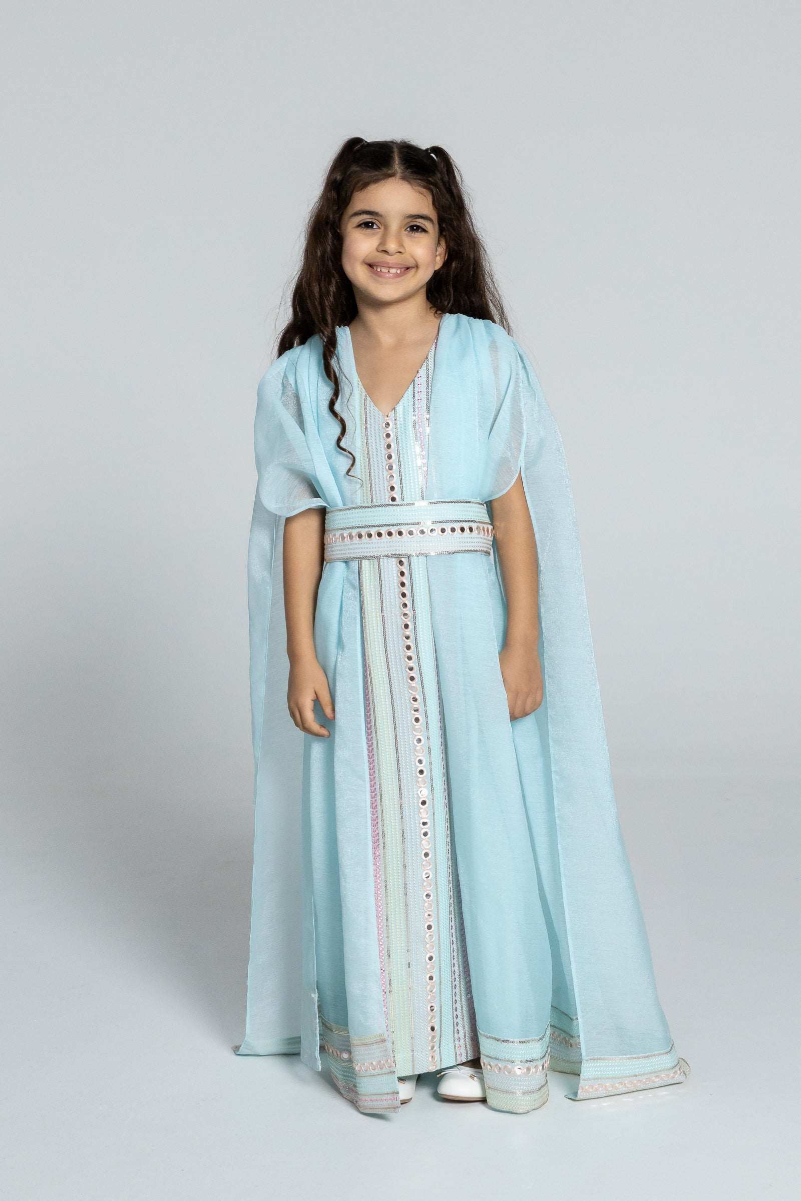 Kids Blue Embroidered Cape Kaftan