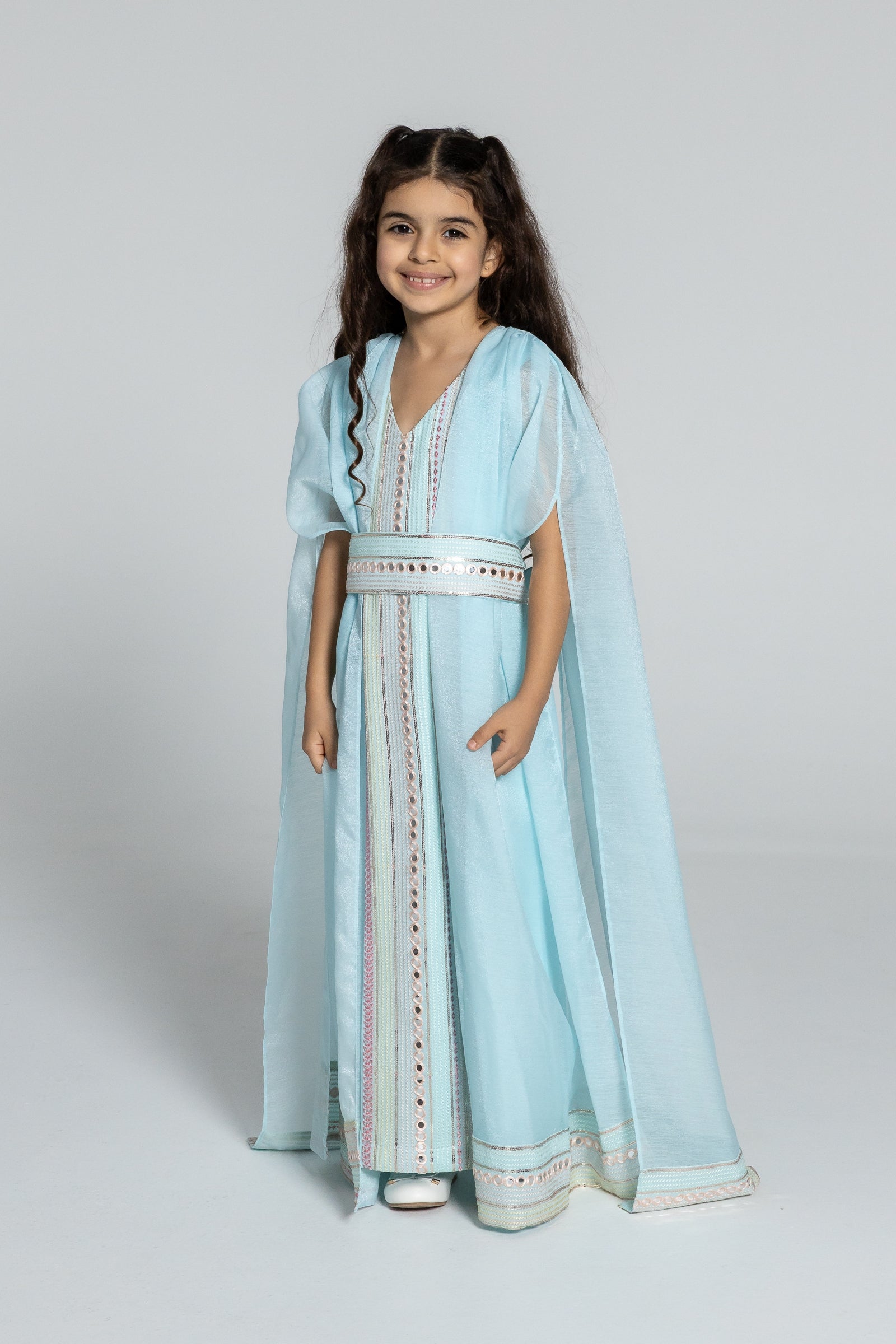 Kids Blue Embroidered Cape Kaftan