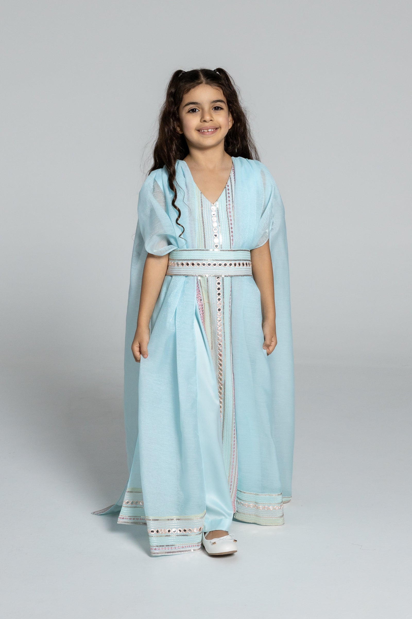 Kids Blue Embroidered Cape Kaftan