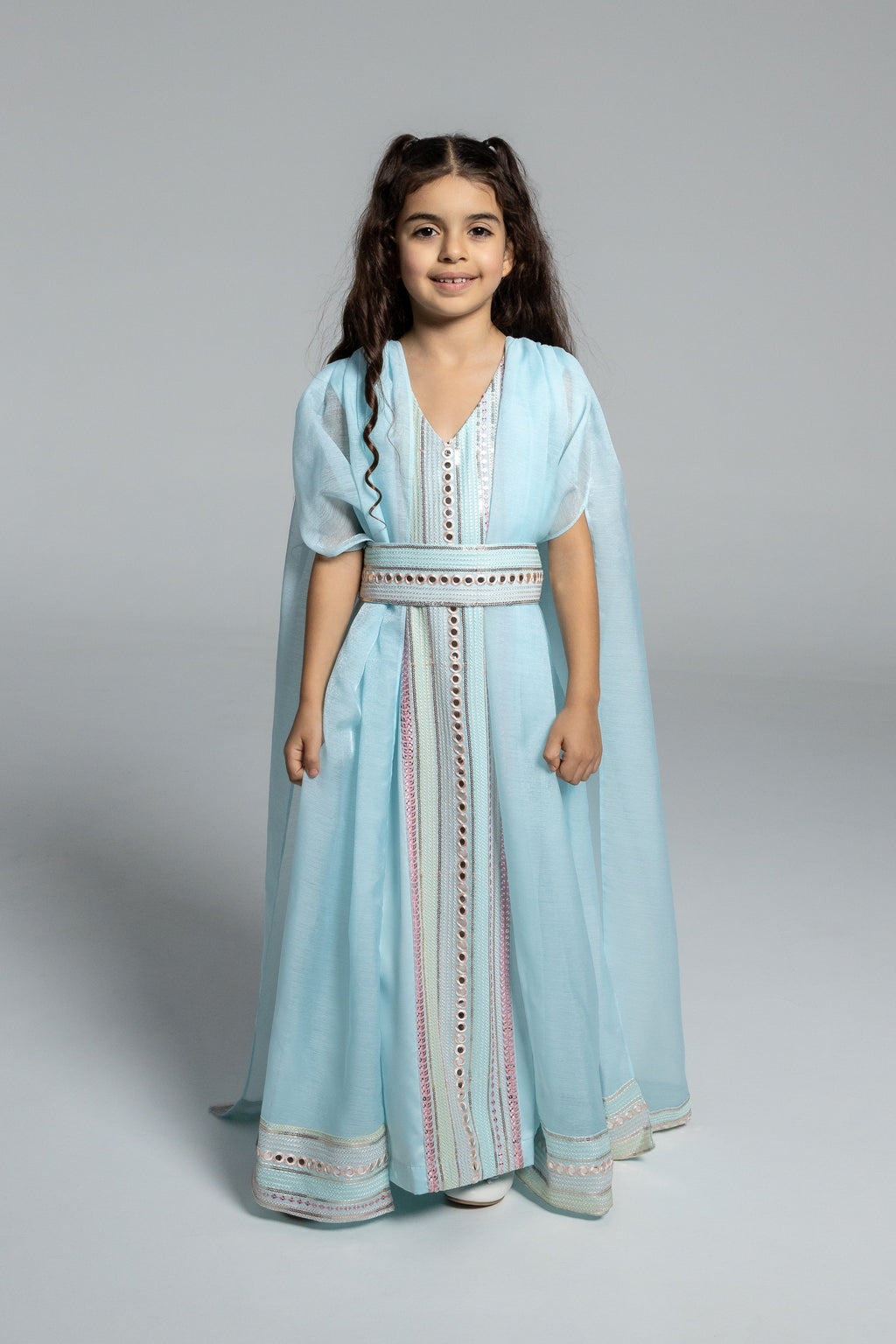 Kids Blue Embroidered Cape Kaftan
