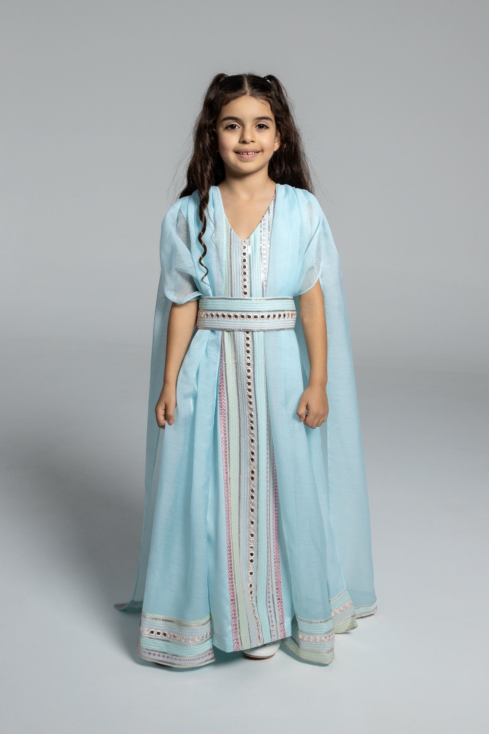 Kids Blue Embroidered Cape Kaftan