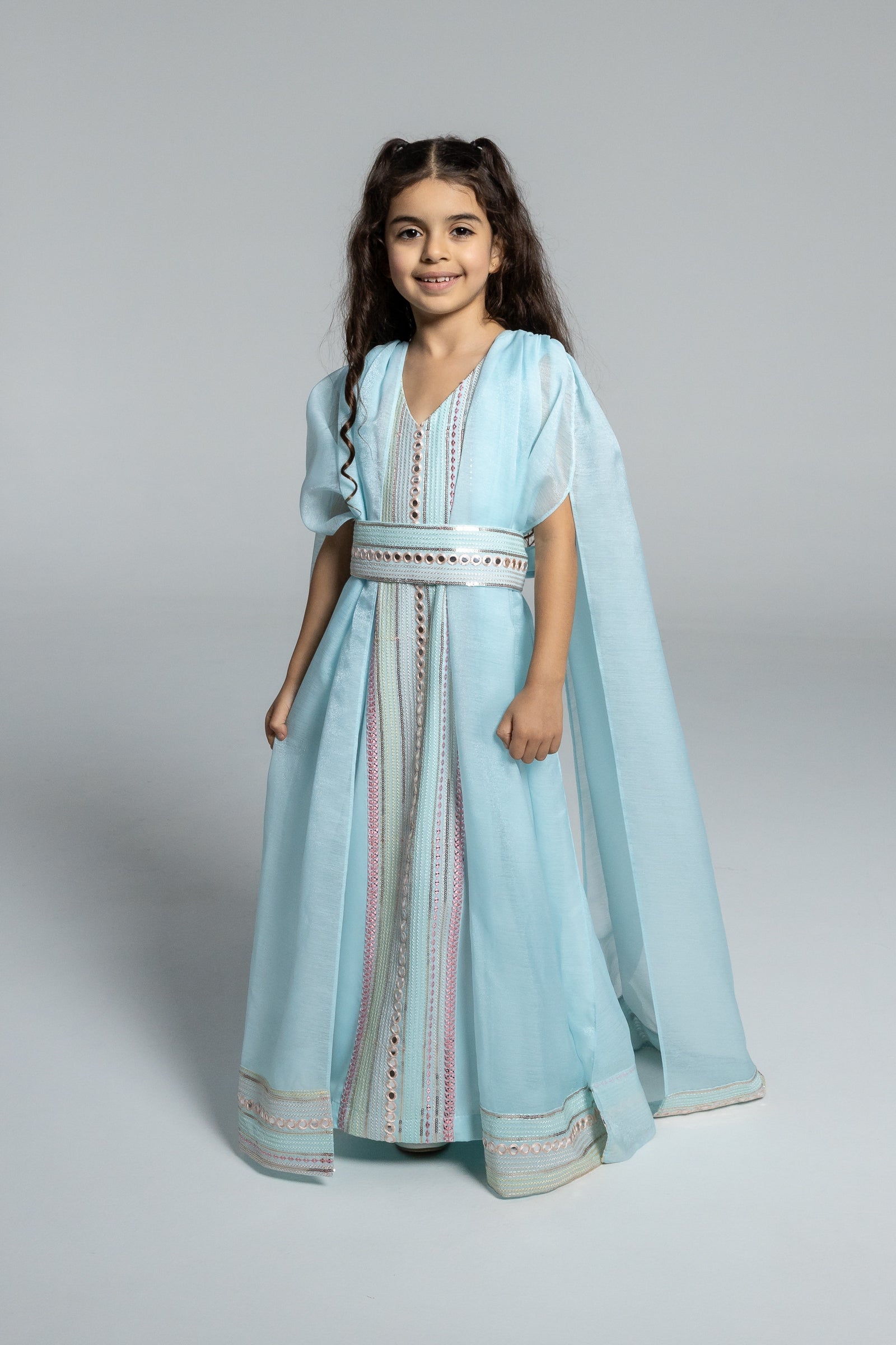 Kids Blue Embroidered Cape Kaftan