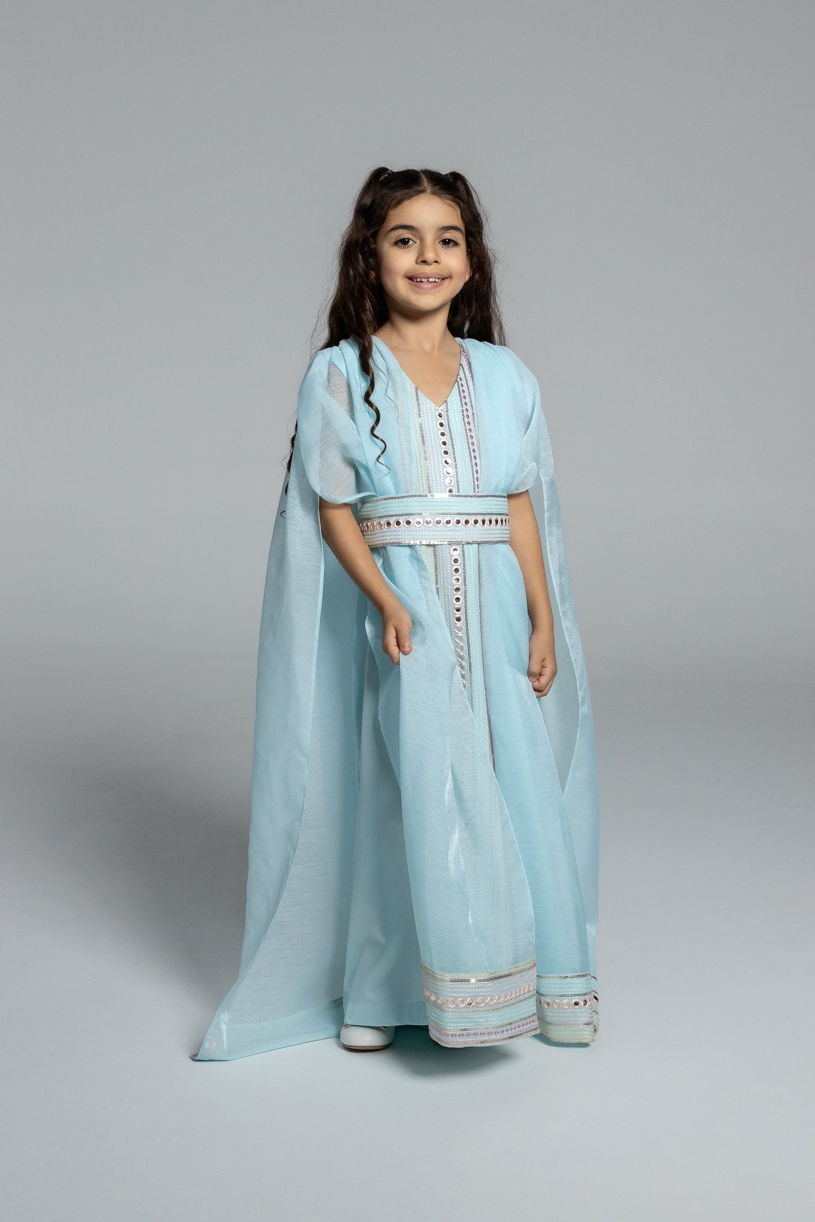 Kids Blue Embroidered Cape Kaftan