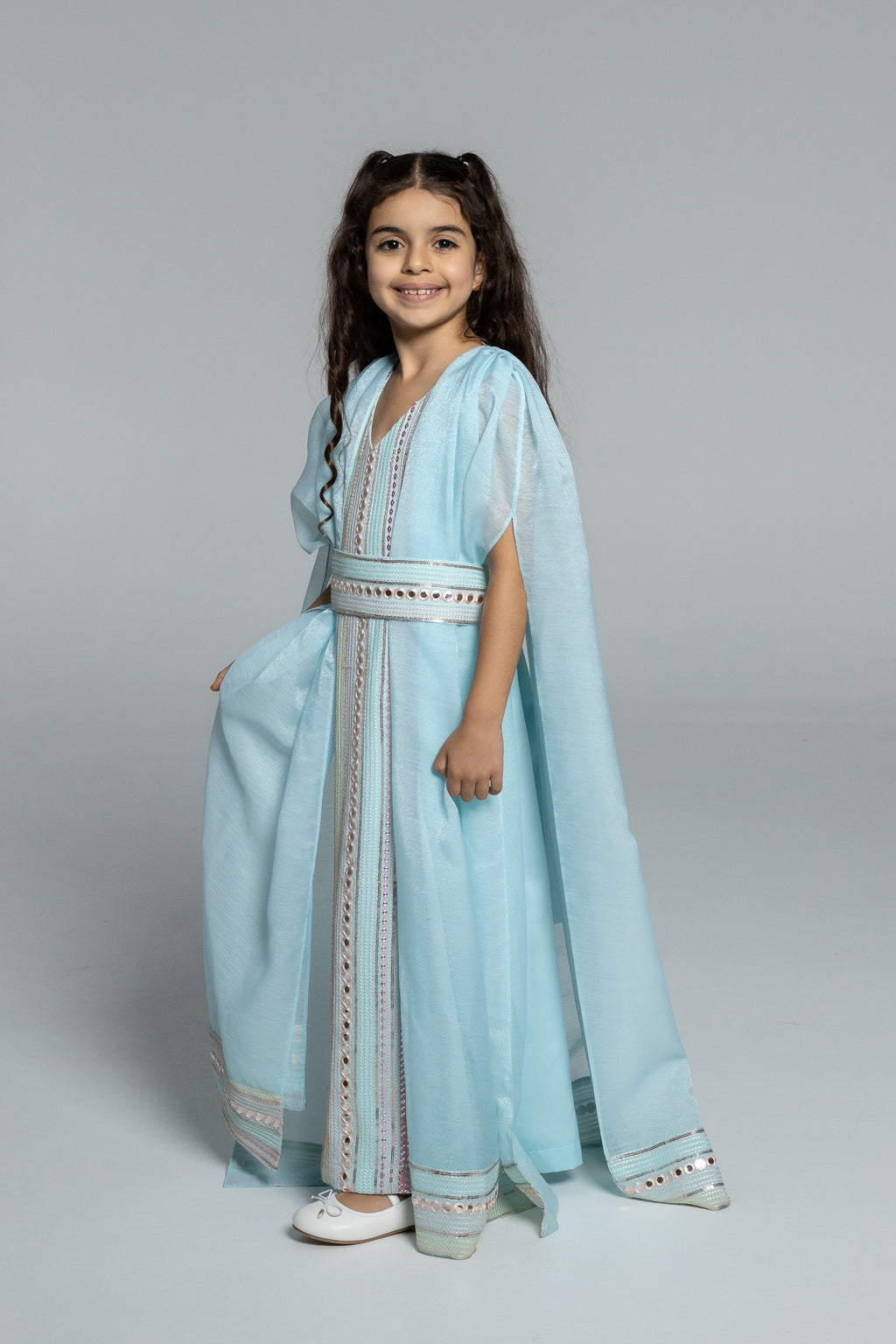 Kids Blue Embroidered Cape Kaftan