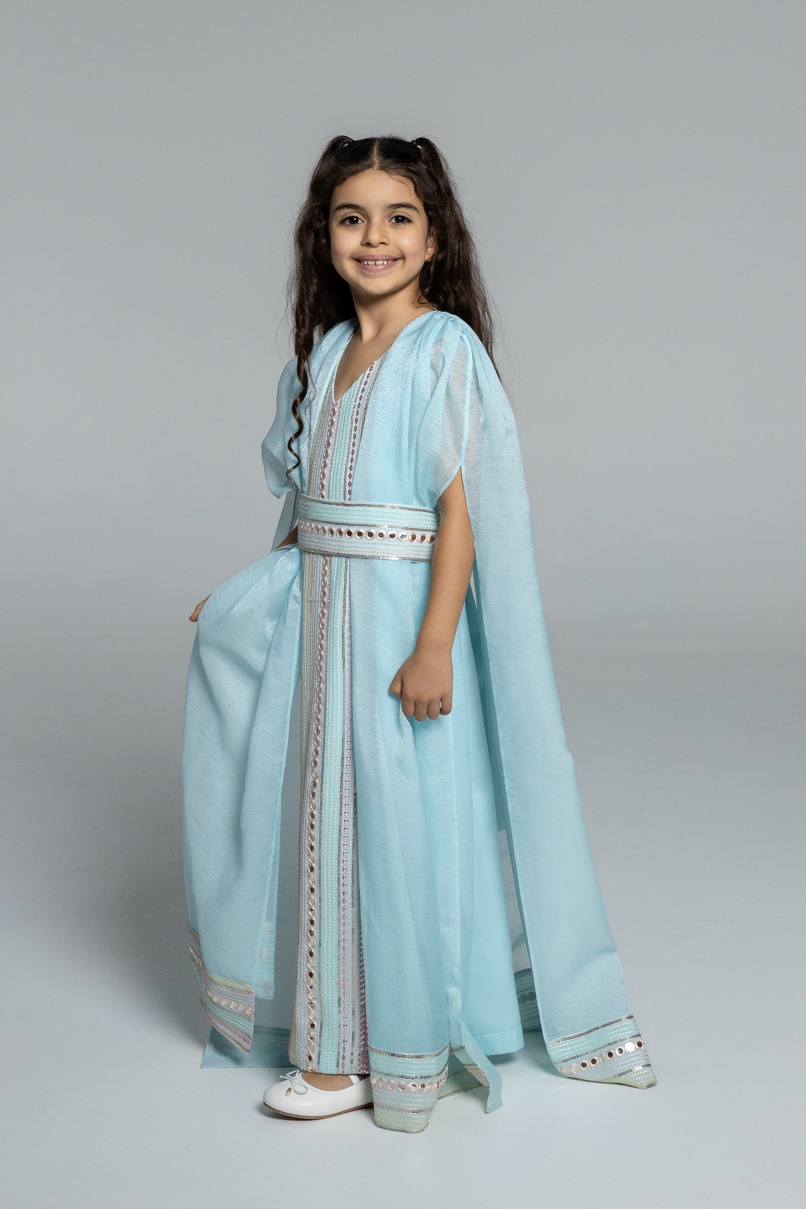 Kids Blue Embroidered Cape Kaftan