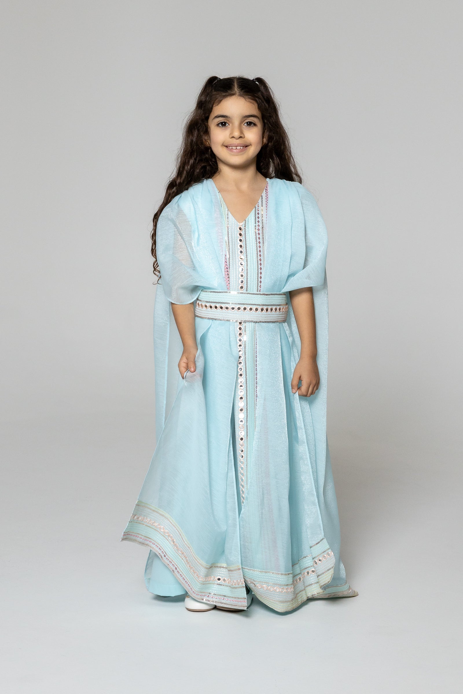 Kids Blue Embroidered Cape Kaftan