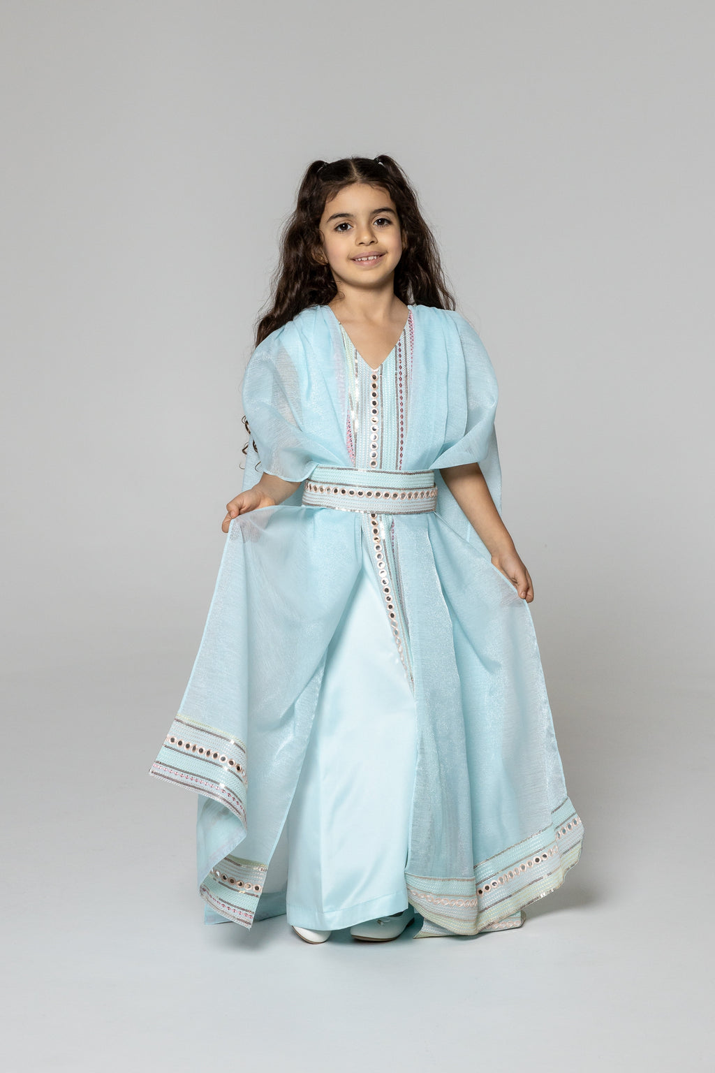 Kids Blue Embroidered Cape Kaftan