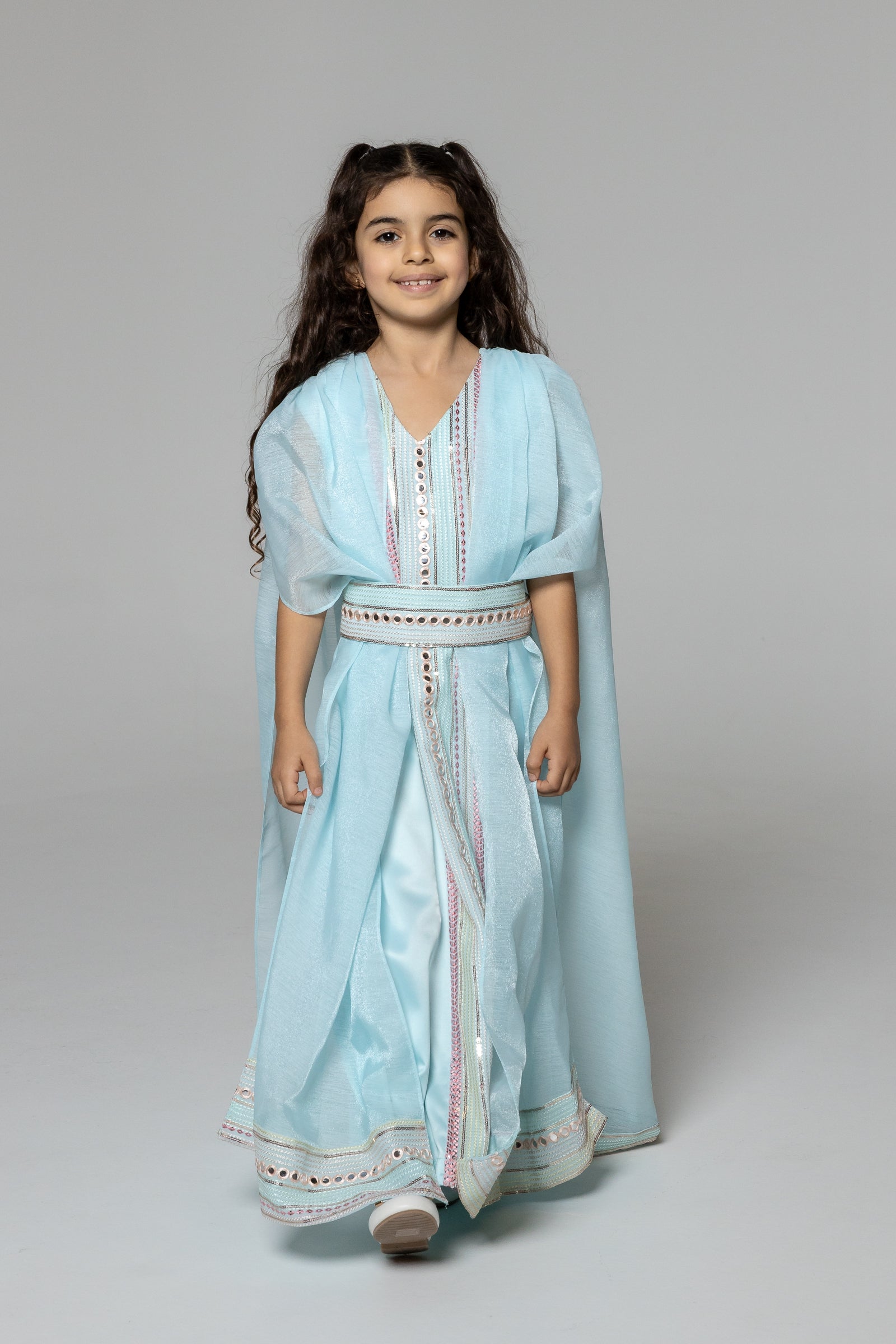 Kids Blue Embroidered Cape Kaftan