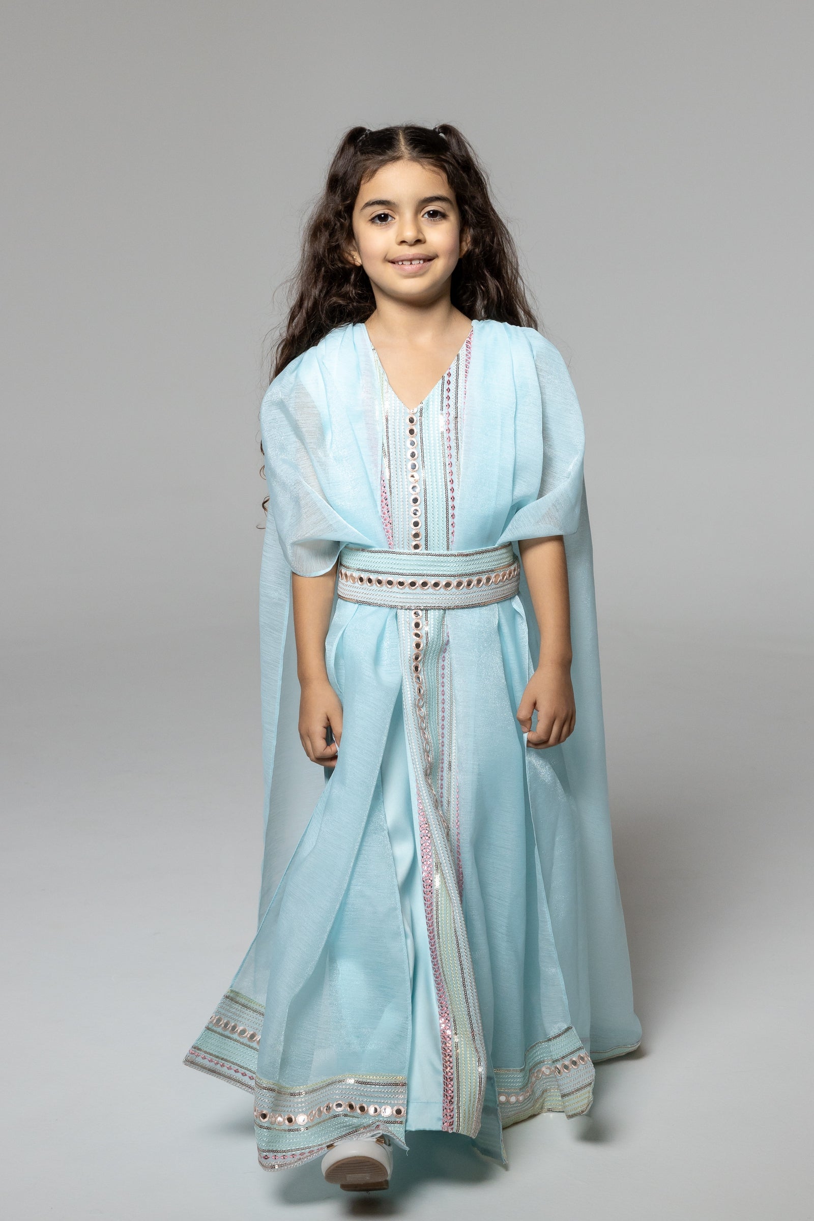 Kids Blue Embroidered Cape Kaftan